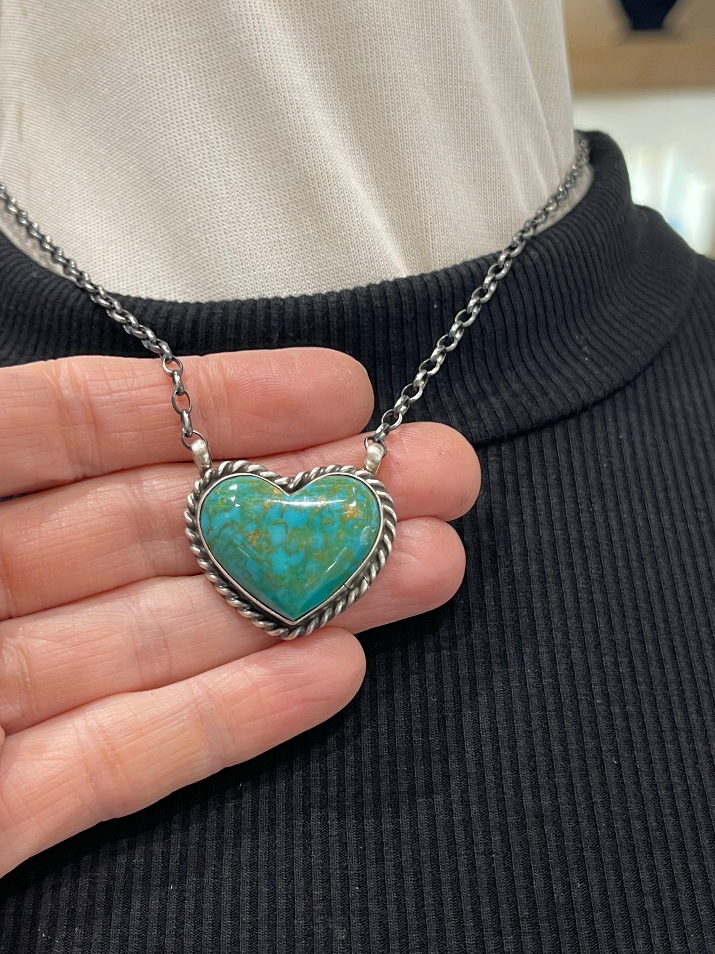 18” Turquoise Kingman Heart Necklace by Johnny Dixon, Navajo
