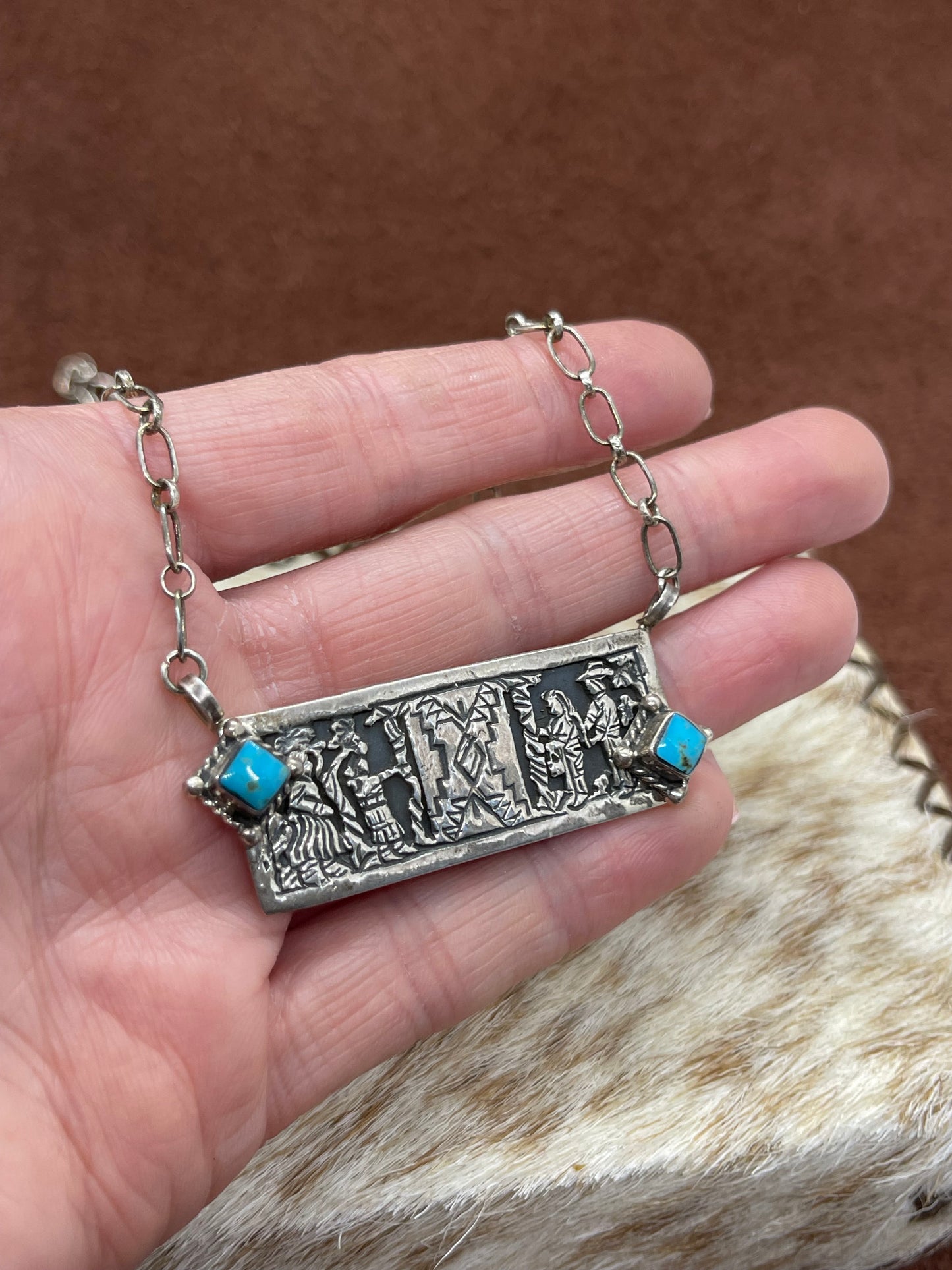 LOT 5 7/5 19" Storyteller Bar Necklace with Turquoise by Richard Begay, Navajo