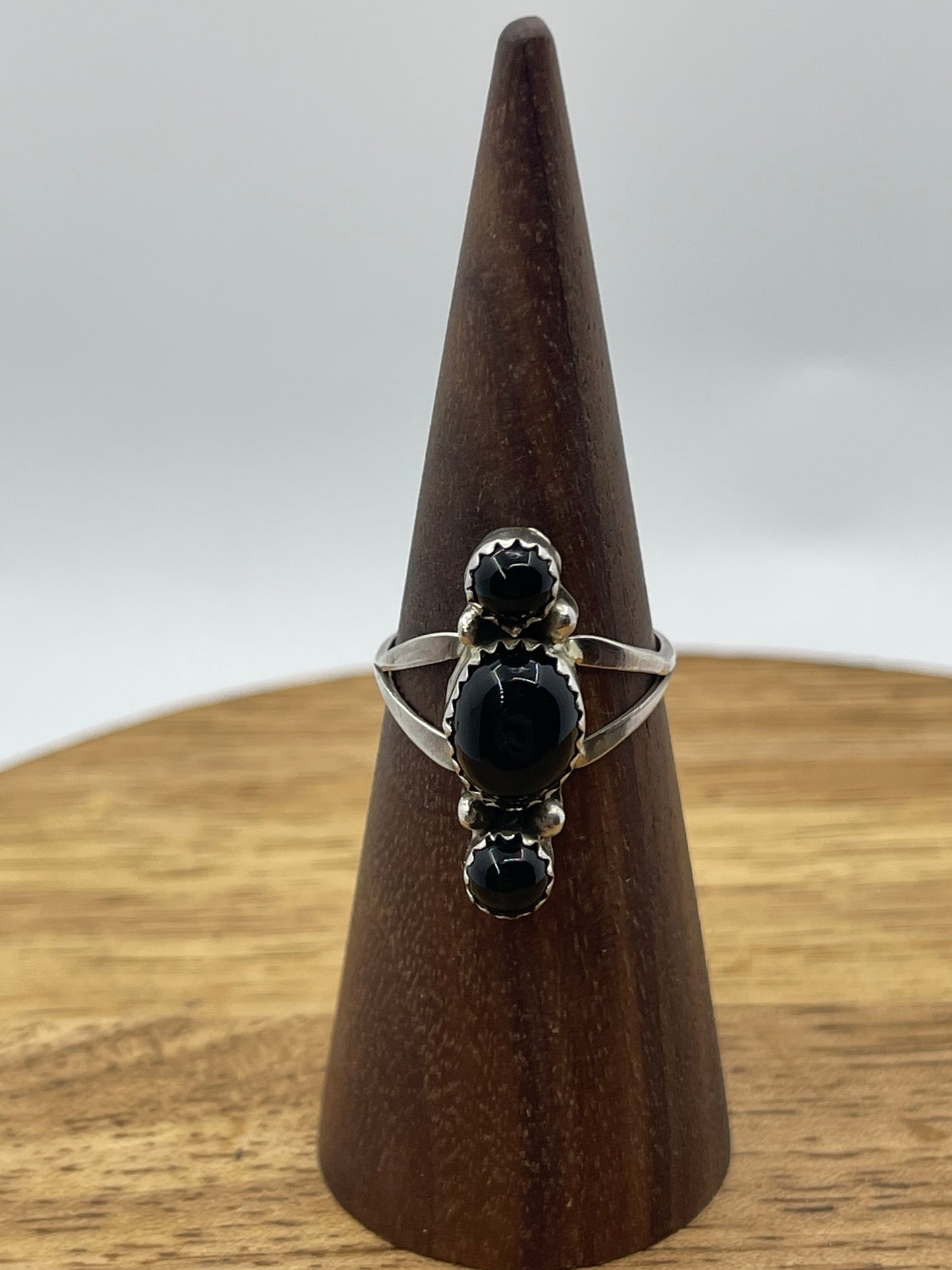 7.5 3 Stone Black Onyx Ring by Annette Martinez, Navajo