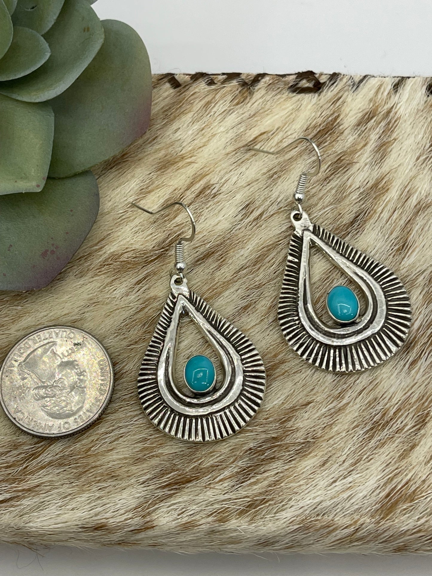 LOT 62 A 1/4 Stamped Teardrop Earrings with Turquoise