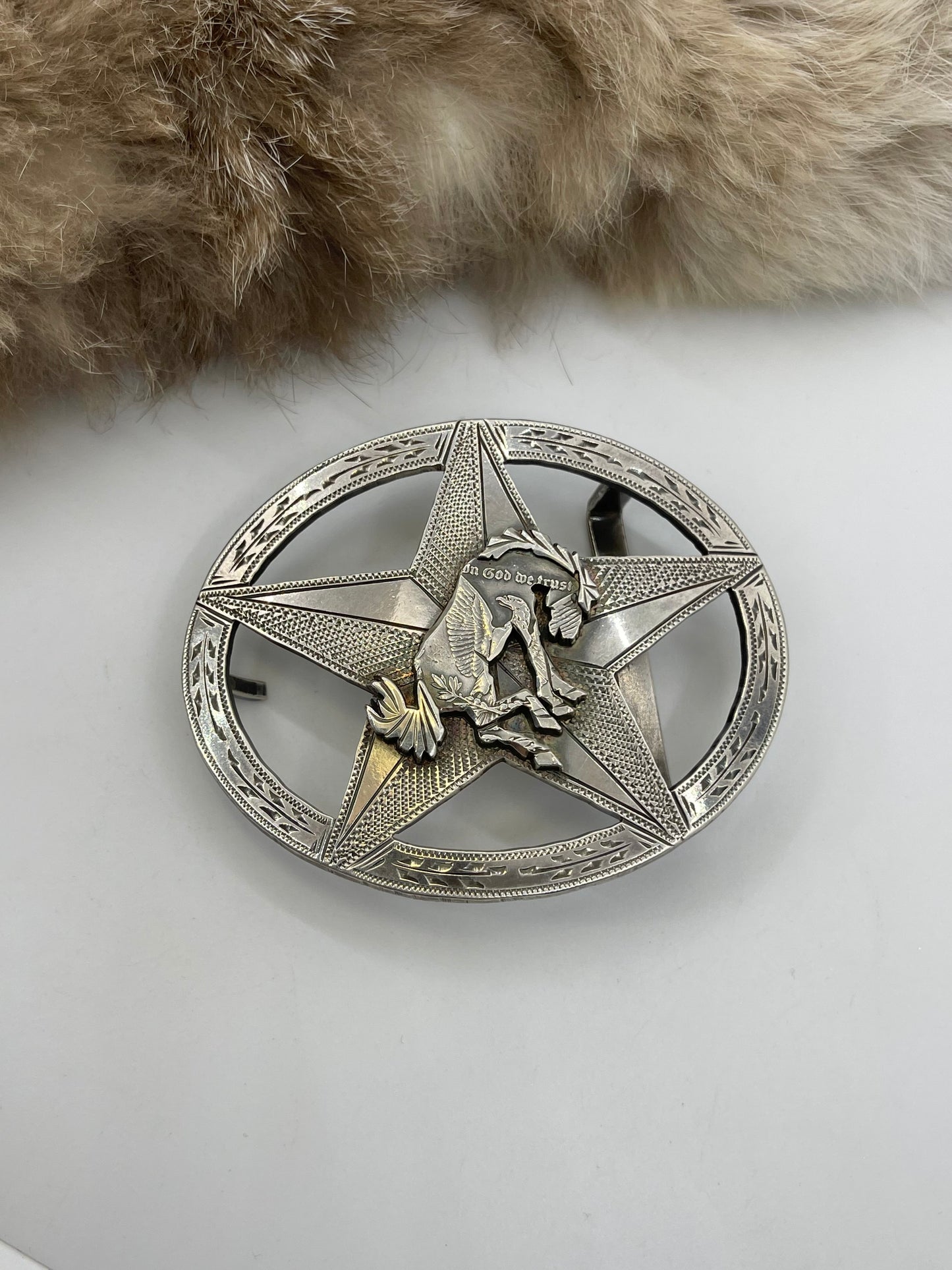 Hand Engraved Star Buckle with Silver Dollar Coin Buckin’ Bronc by Bad Bronc