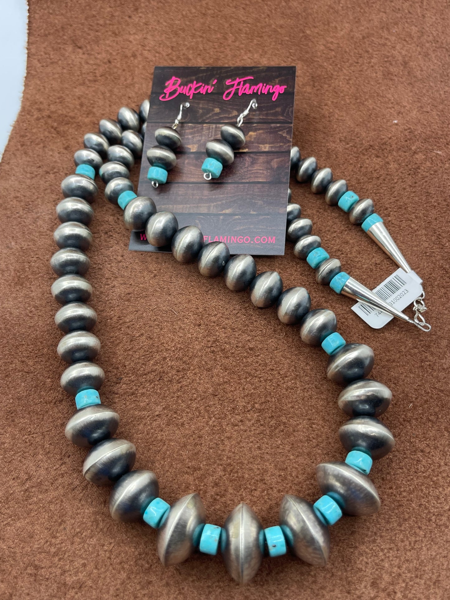 28" 11mm-22mm Handmade Navajo Pearls and Graduated Turquoise Necklace and Earrings Set by Sharon Cooley, Navajo