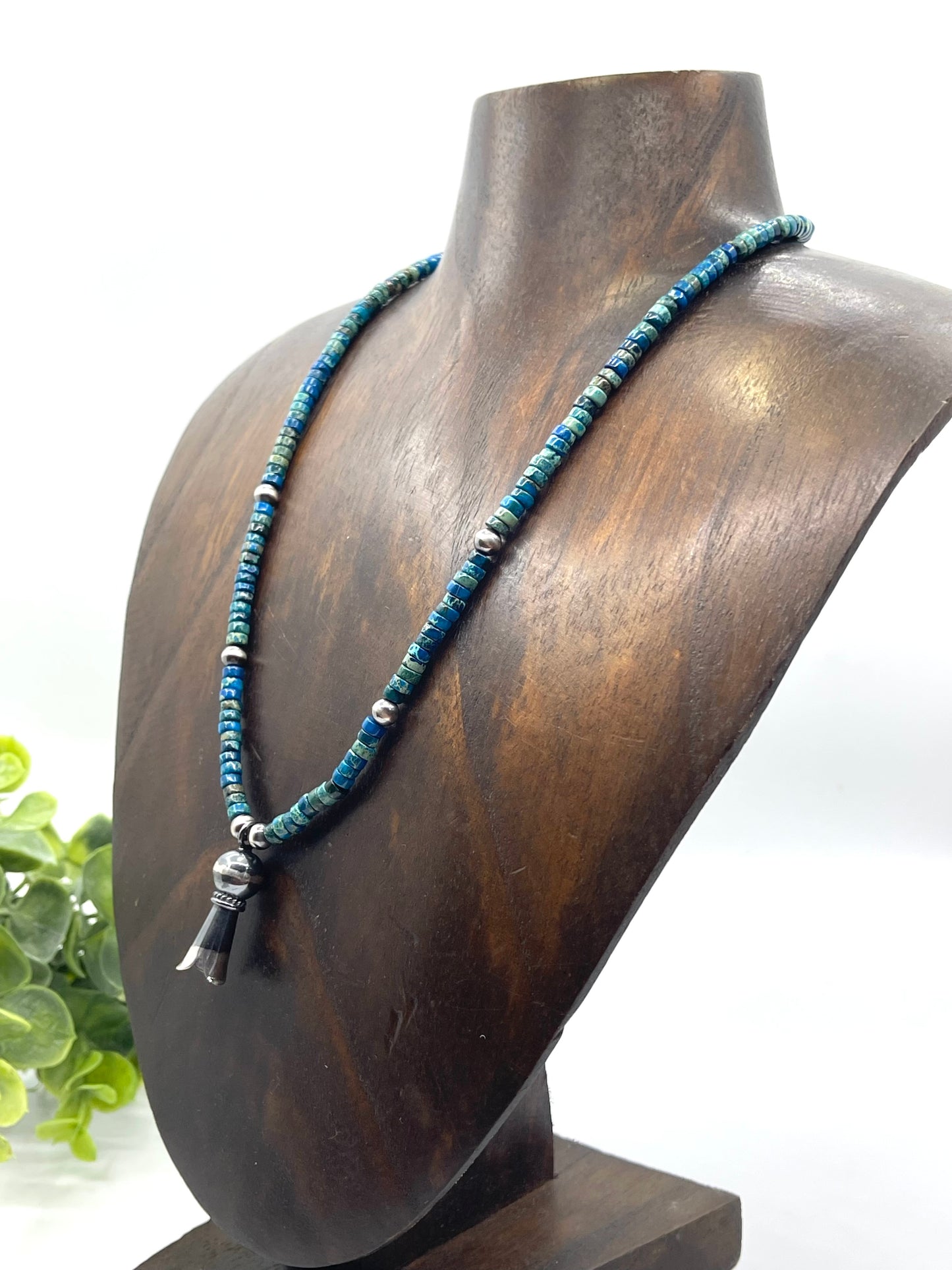 16" Magnesite Necklace With Silver Beads & Silver Blossom