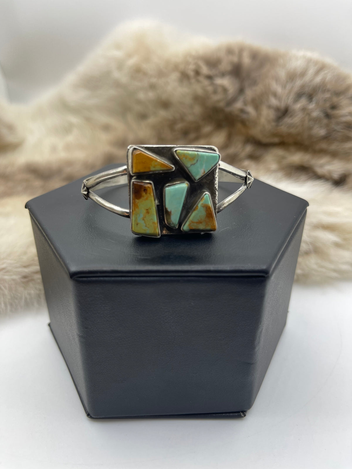 5.5”-7” Kingman Turquoise 5 Stone Square Cuff by Jude Candeleria, Zuni