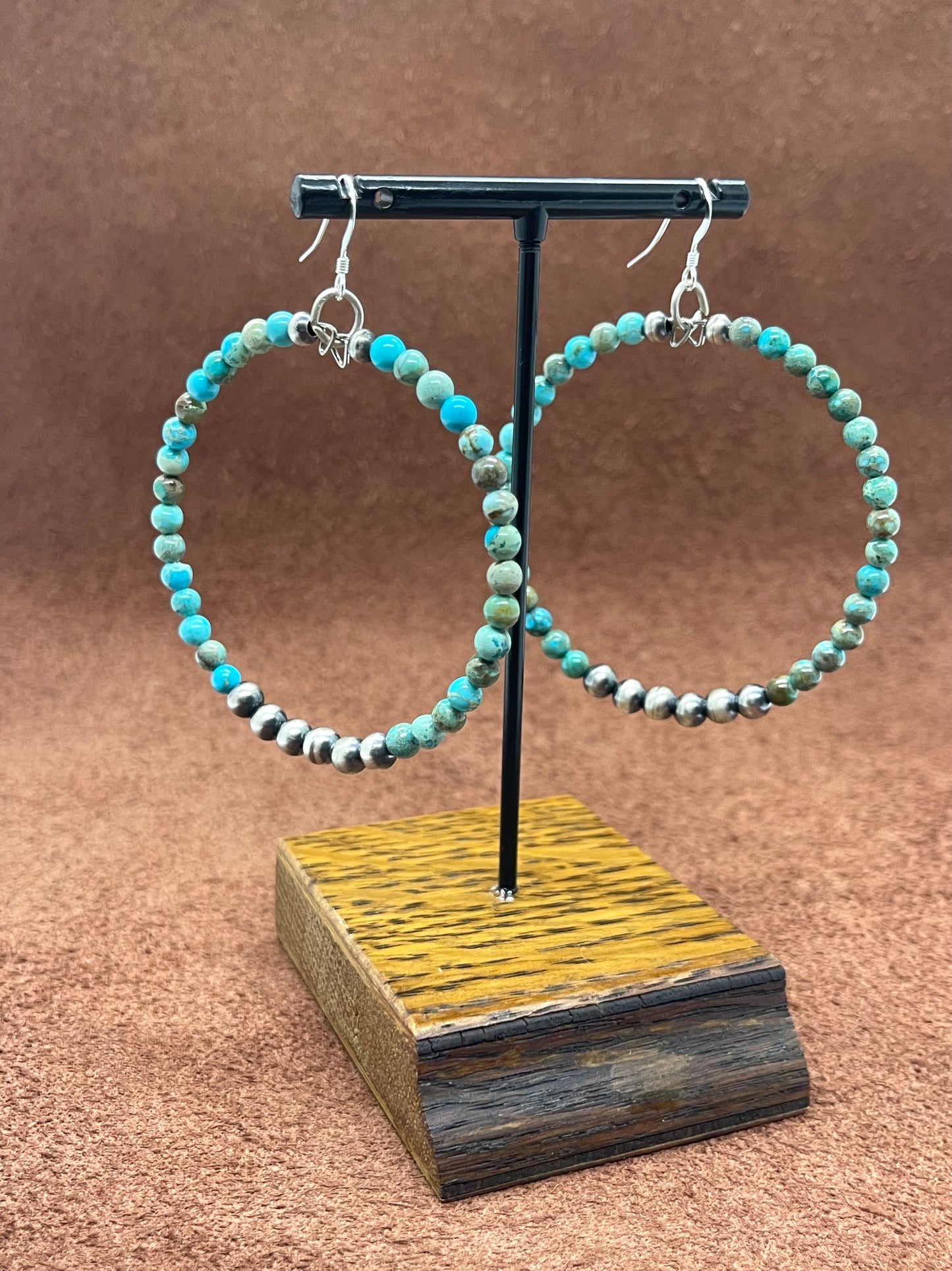 Turquoise and Handmade Navajo Pearls Hoop Dangle Earrings by Louise Joe, Navajo