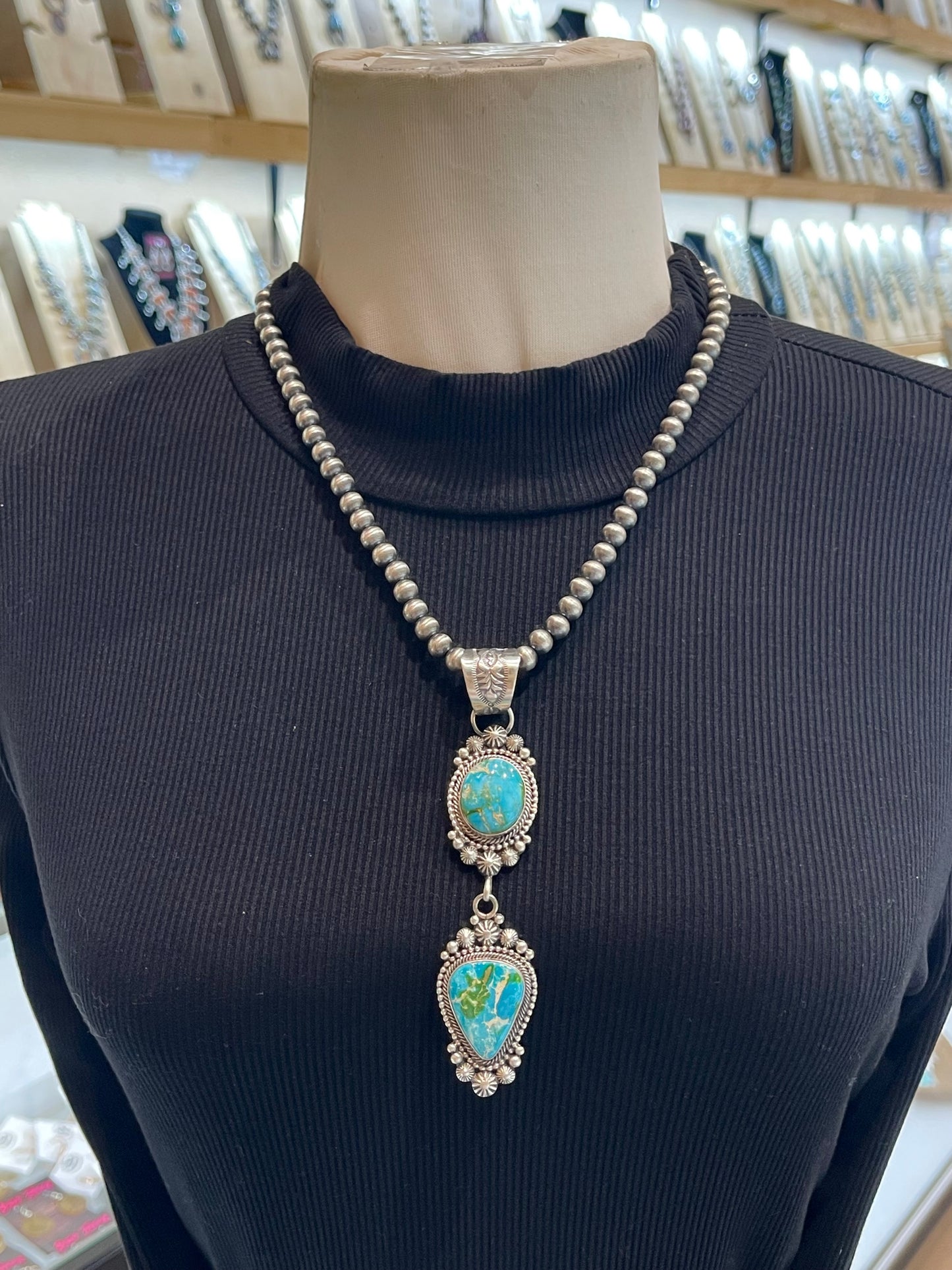 20" 6mm Navajo Style Pearl 2 Stone Sonoran Gold Turquoise Pendant by Tom Lewis, Navajo