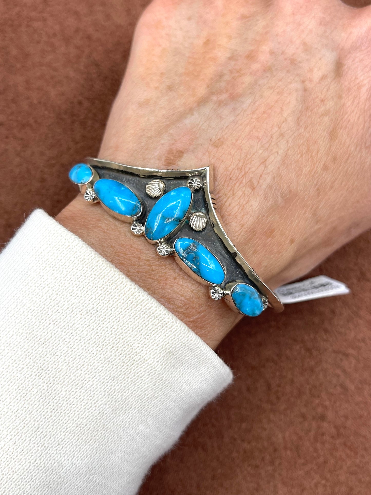 6 1/4"-7" 5 Stone Turquoise Chevron Cuff by Calvin Belin, Navajo