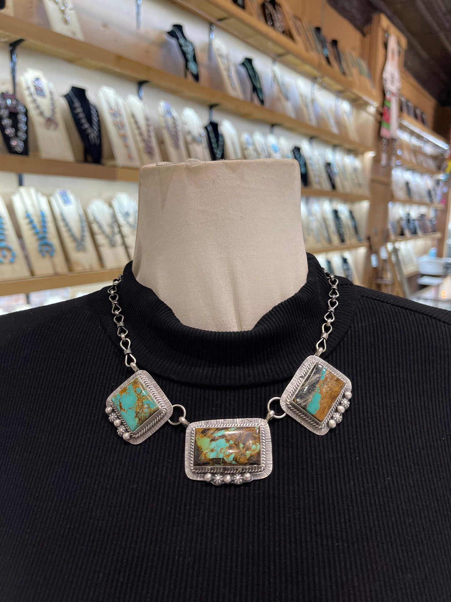 18" Blackjack Turquoise 3 Stone Necklace by Lyle Piaso, Navajo