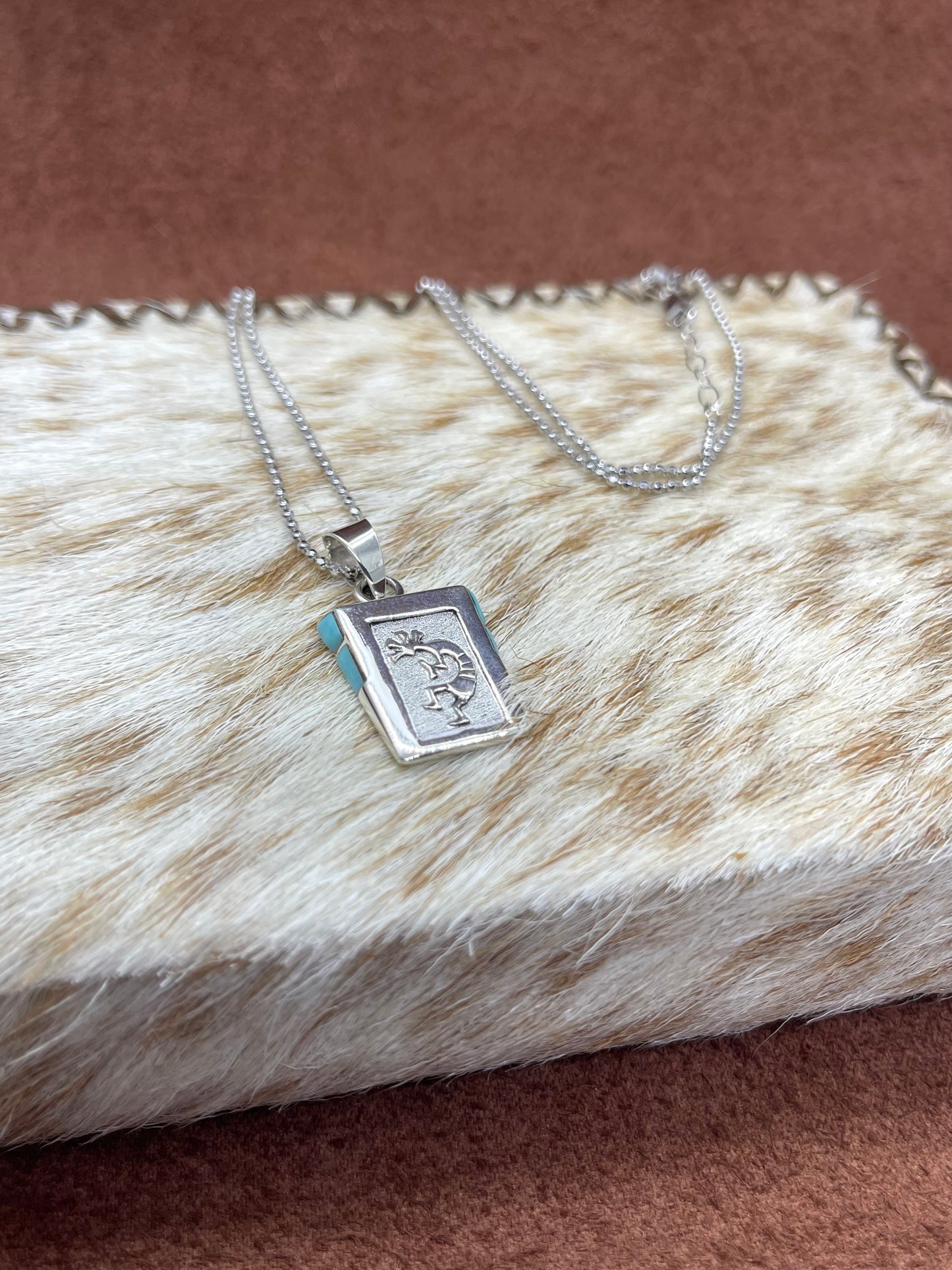 18"+3" Turquoise Kokopelli Dancer Necklace by Leonard Jim, Navajo