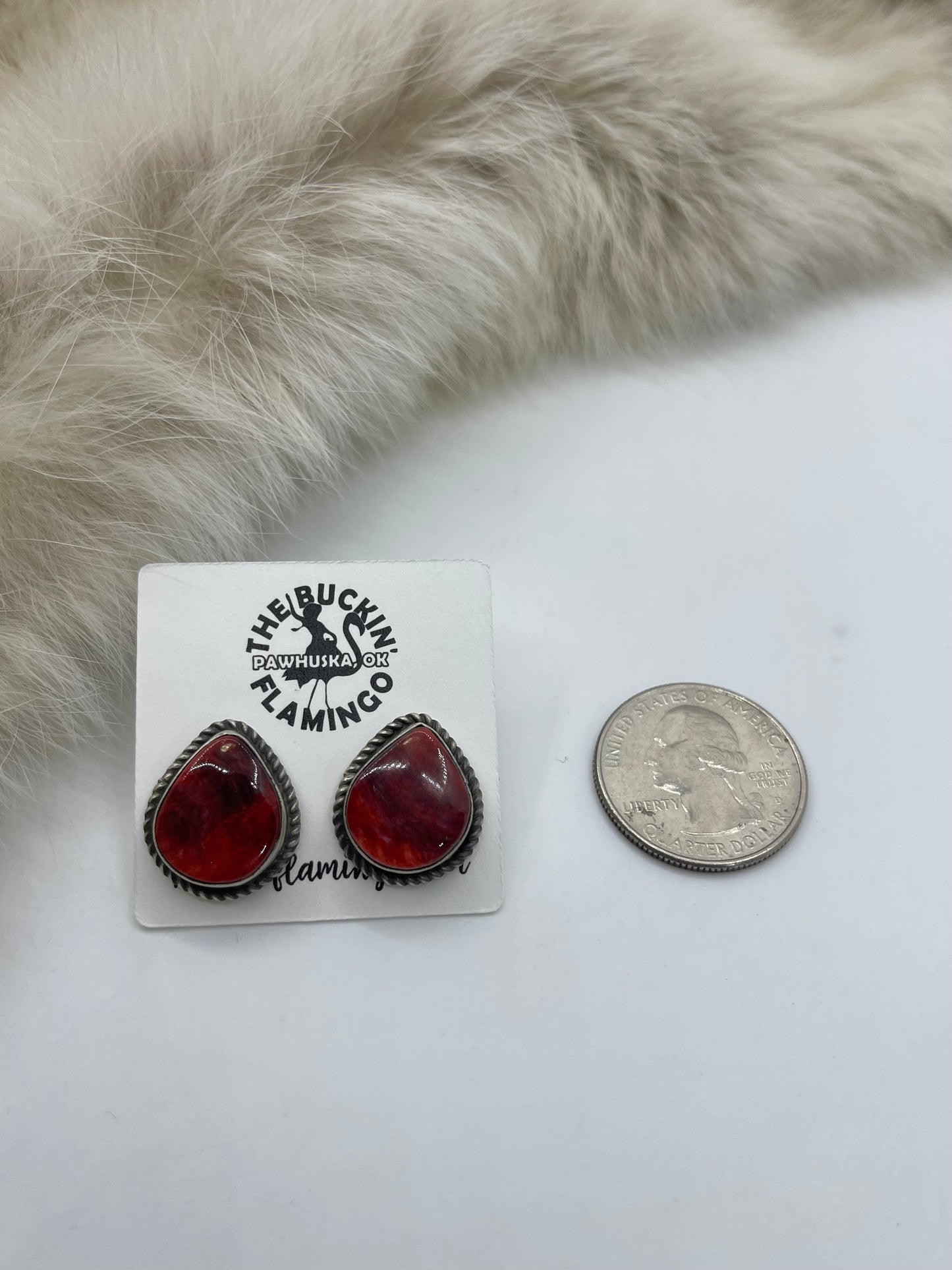 Red Spiny Oyster Post Earrings by Judith Dixon, Navajo