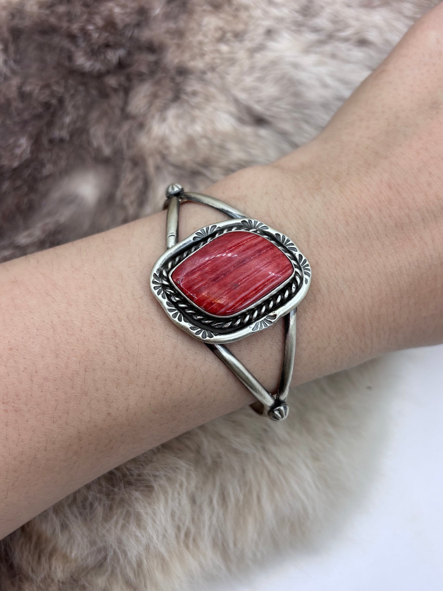 5.5"-7.25" Red Spiny Oyster Bracelet by Augustine Largo, Navajo