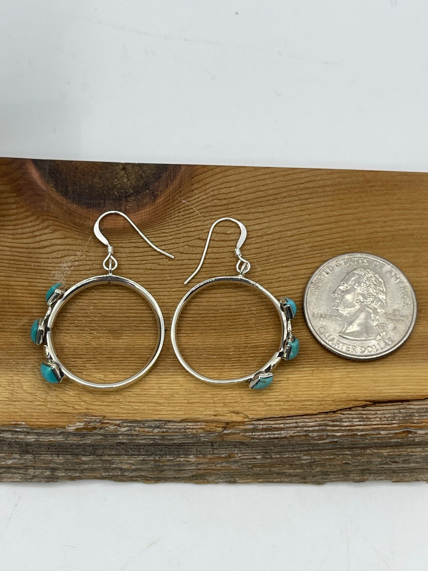 3 Stone Turquoise Dangle Hoop Earrings by Phyllis Smith, Navajo