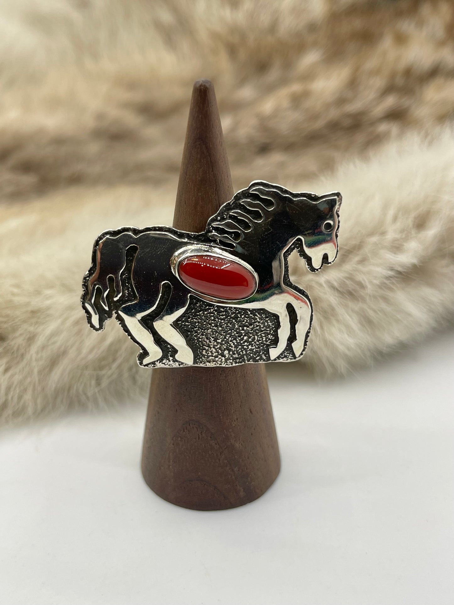 7.0 Red Coral Horse Ring by Marie Jackson, Navajo