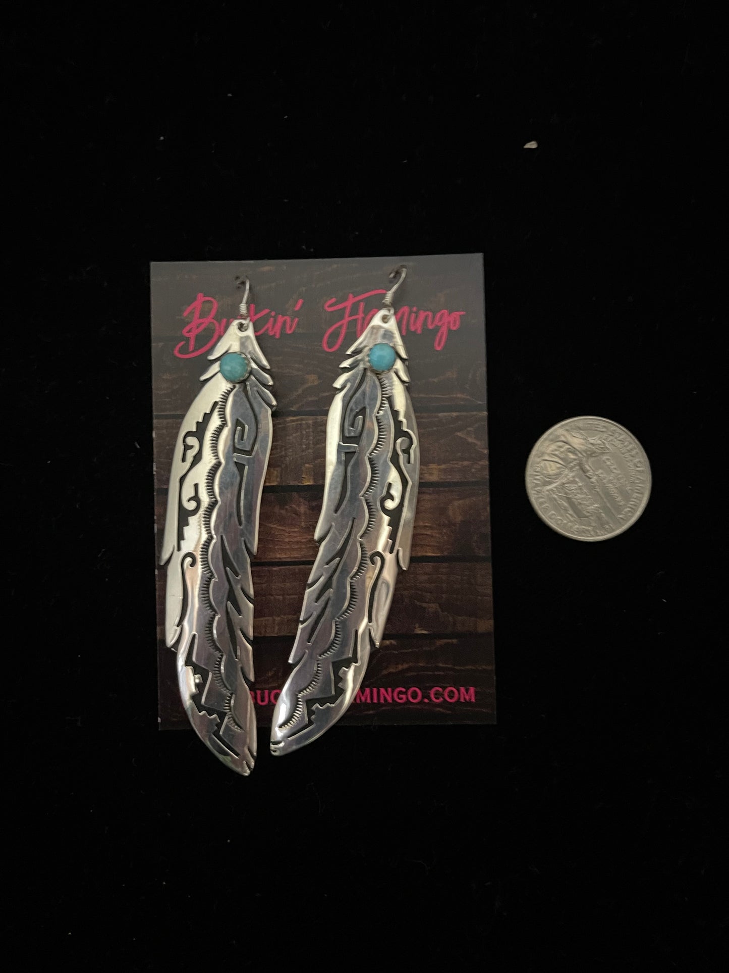 Long Turquoise Feather Dangle Earrings by Tommy and Rose Singer, Navajo