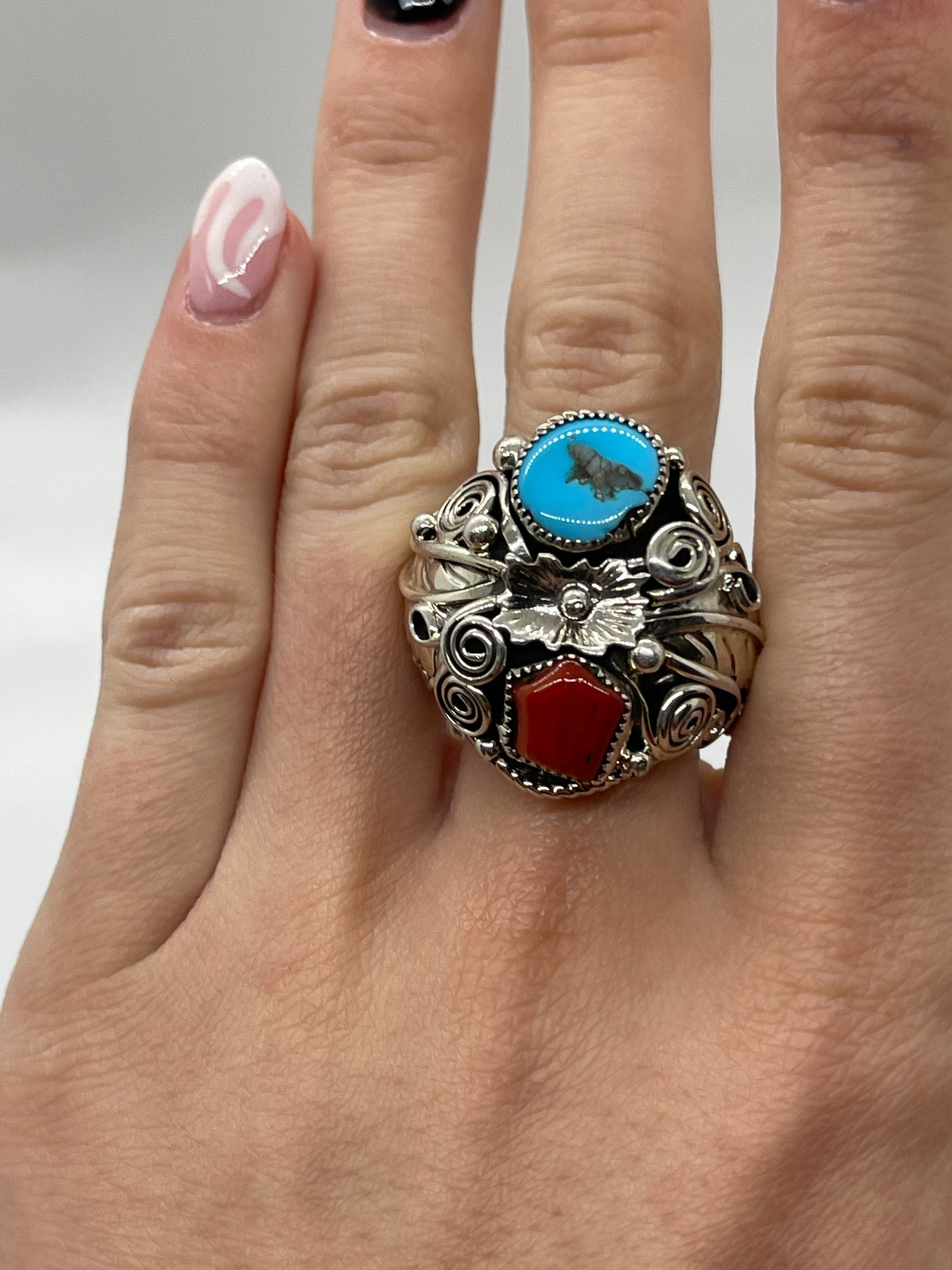 10.0 Coral and Turquoise Heavy Ring by Sarah Yazzie, Navajo