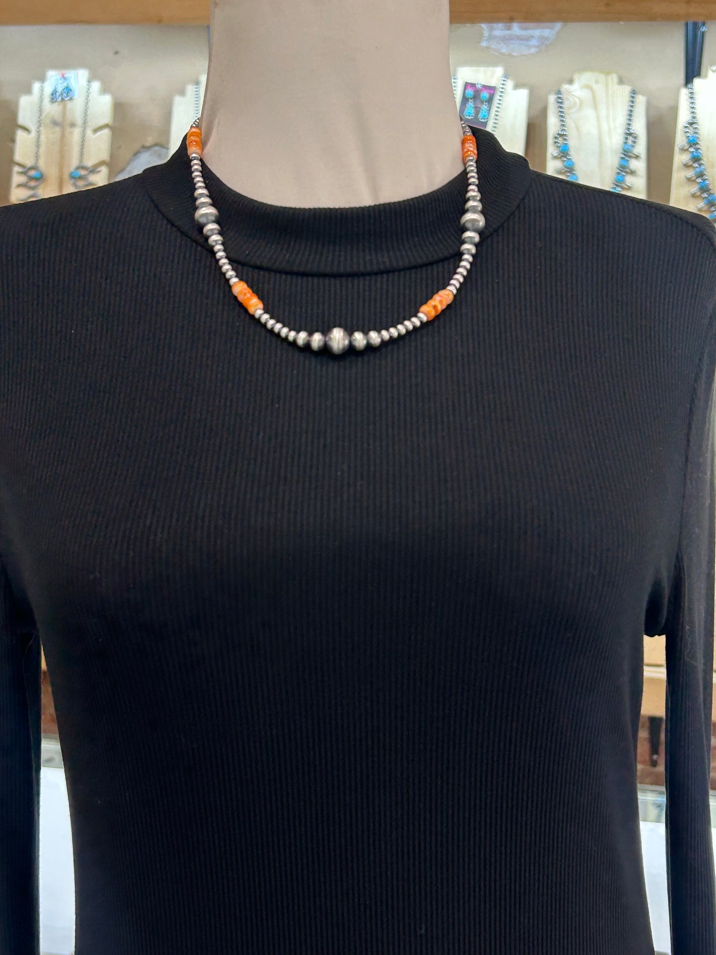 19"+1.5" Orange Spiny Oyster Navajo Pearl Necklace