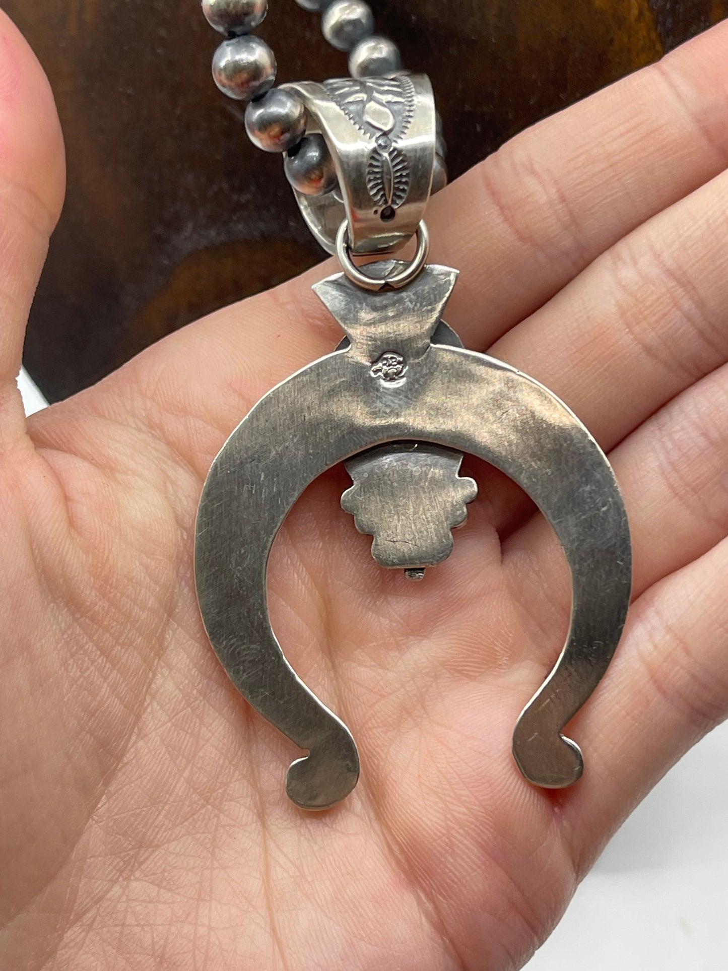 18" 6mm Navajo Pearls with Sonoran Gold Turquoise Naja Pendant by Samuel Yellowhair, Navajo