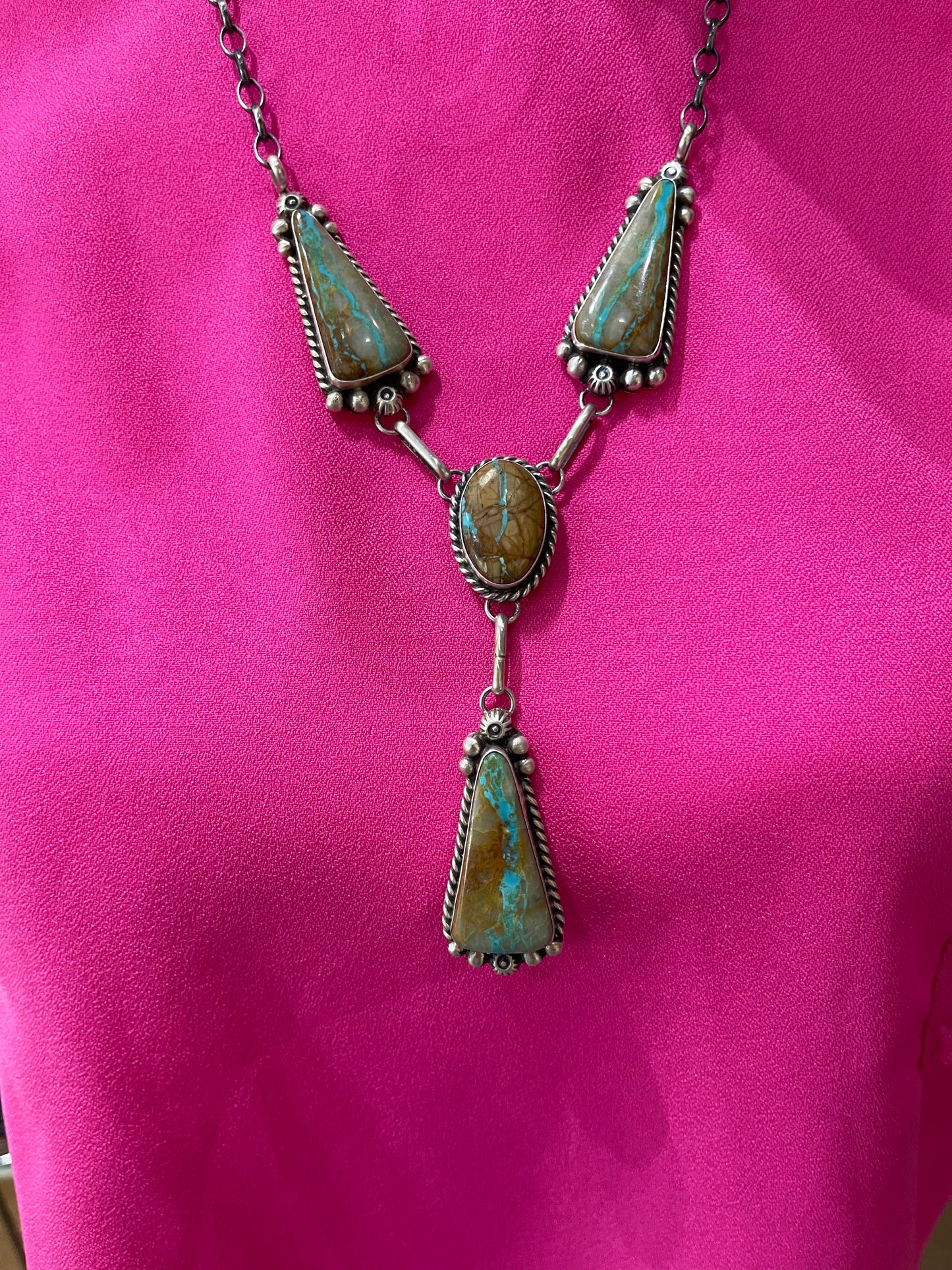 20" Turquoise Lariat Necklace and Dangle Earrings Set by Augustine Largo, Navajo