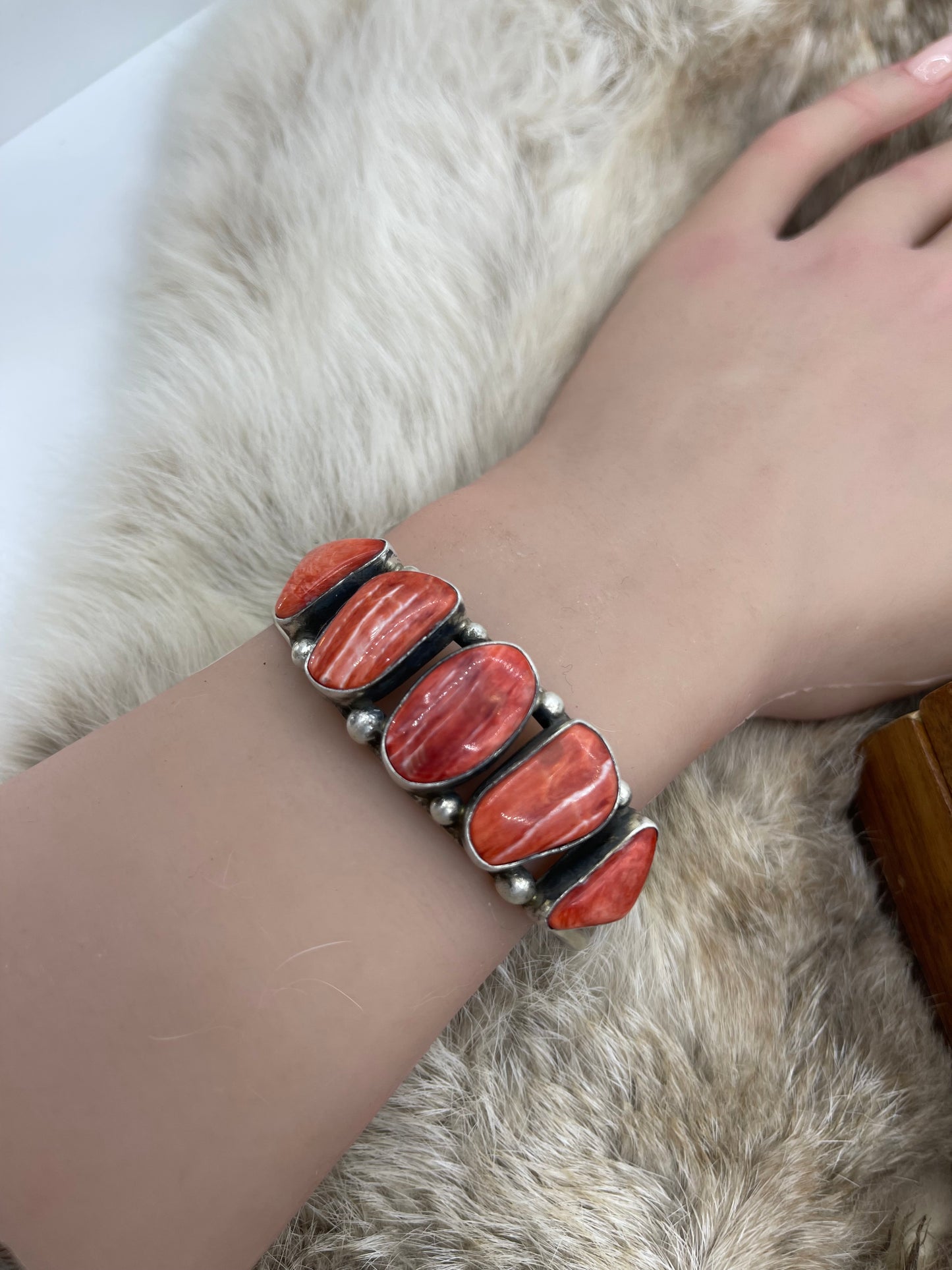 5 Stone Red Spiny Oyster Cuff by Augustine Largo, Navajo