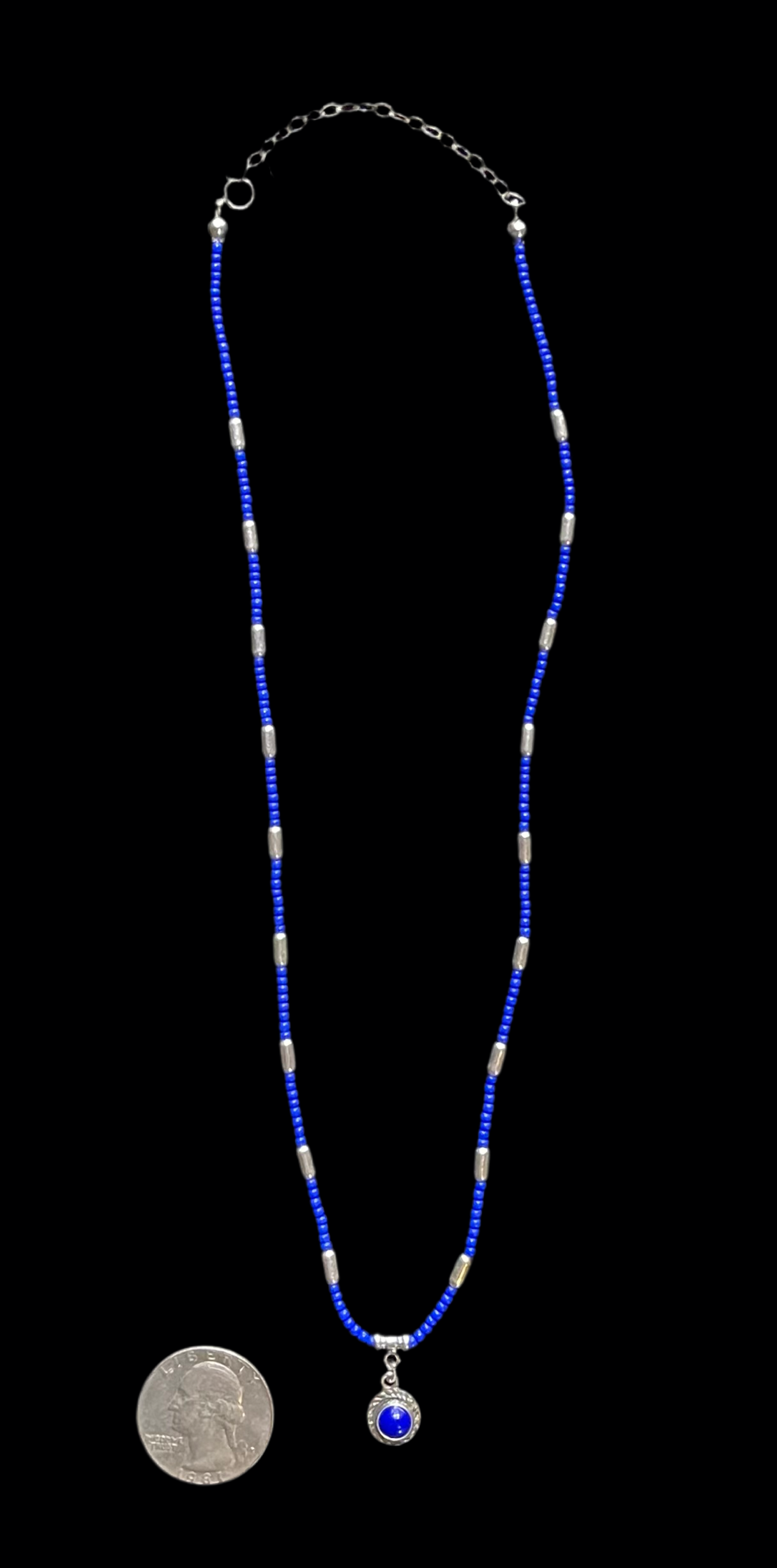 16" + 2" extender Blue Glass Seed Bead and Silver Pill Bead Necklace with Pendant