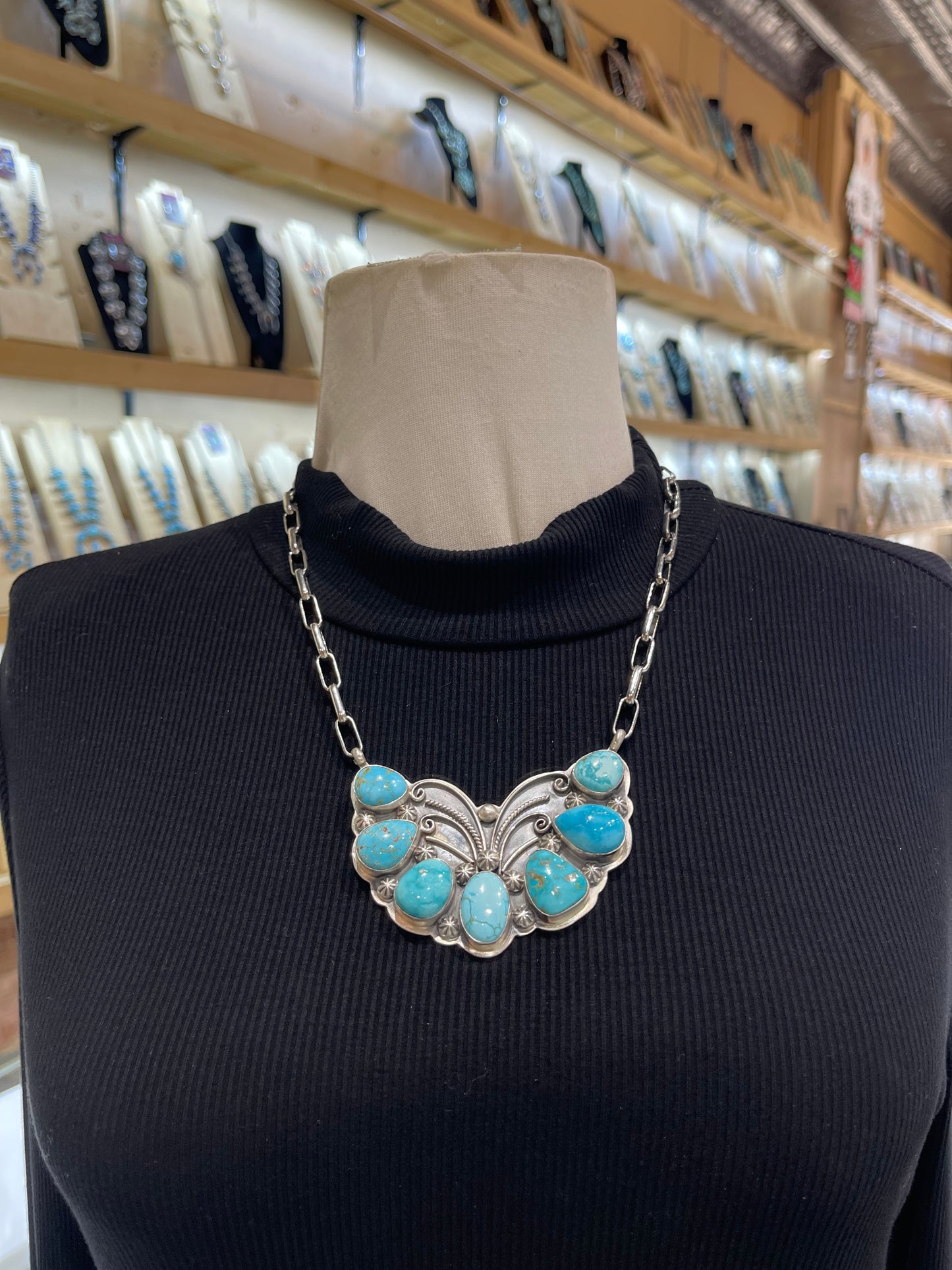 19" High Grade Kingman Turquoise 7 Stone Necklace by Gabby Jurado, Mexican