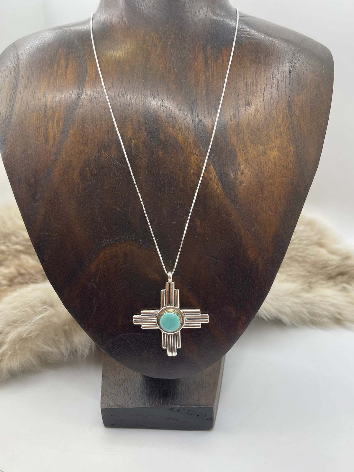 3.9mm Bail 18” Chain Golden Hills Turquoise Zia Symbol Pendant by Hiram Largo, Navajo