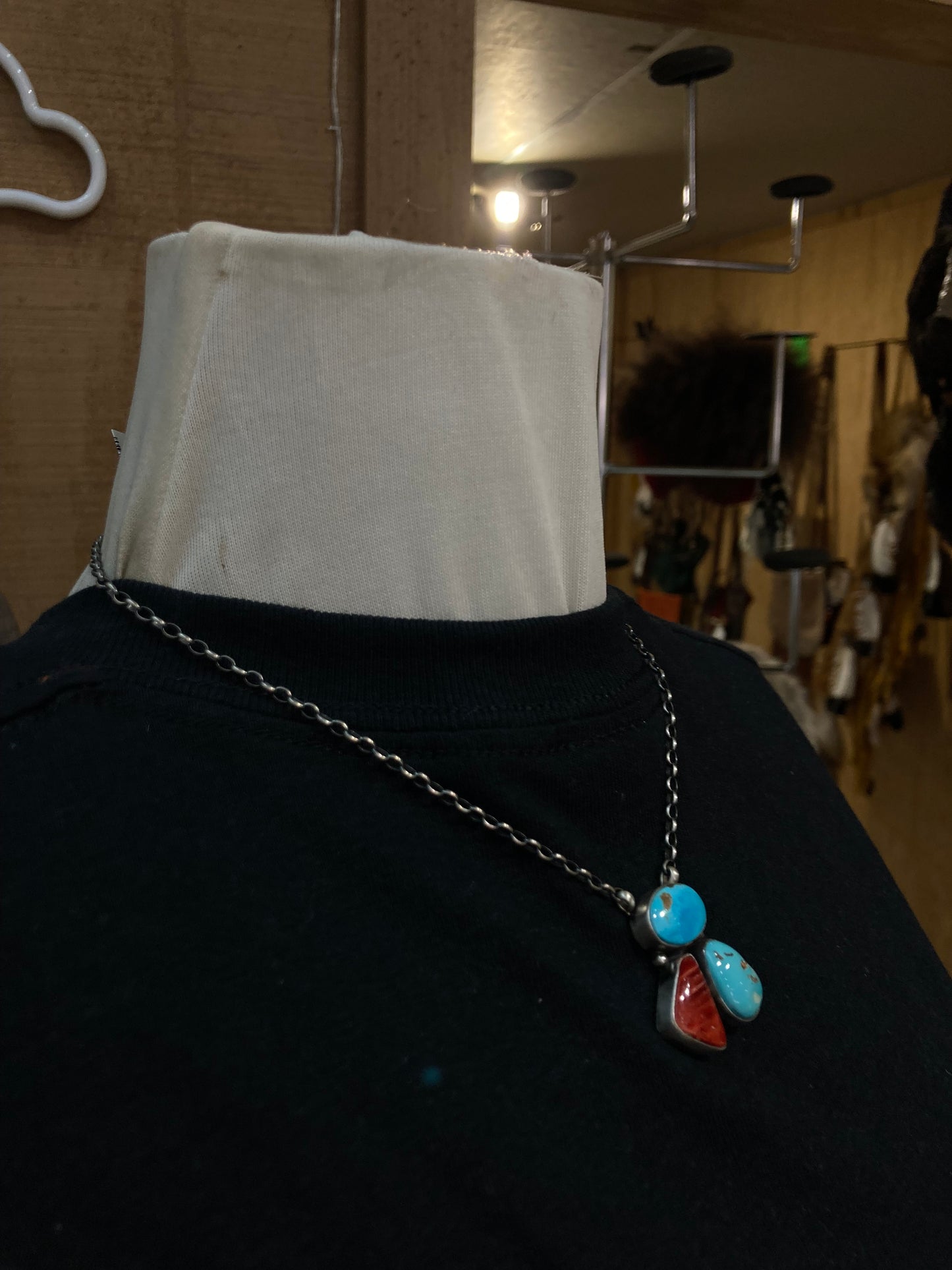 16" Red Spiny Oyster Shell and Kingman Turquoise Necklace by Donovan Skeets, Navajo