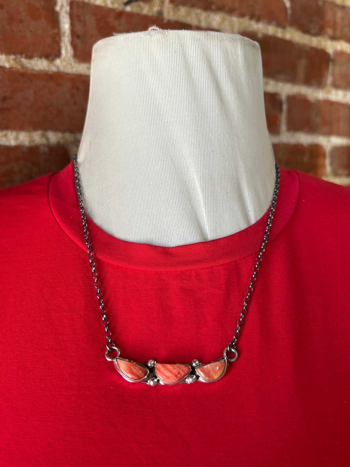 18" 3 Stone Orange Spiny Oyster Shell Necklace by Jude Candeleria, Zuni
