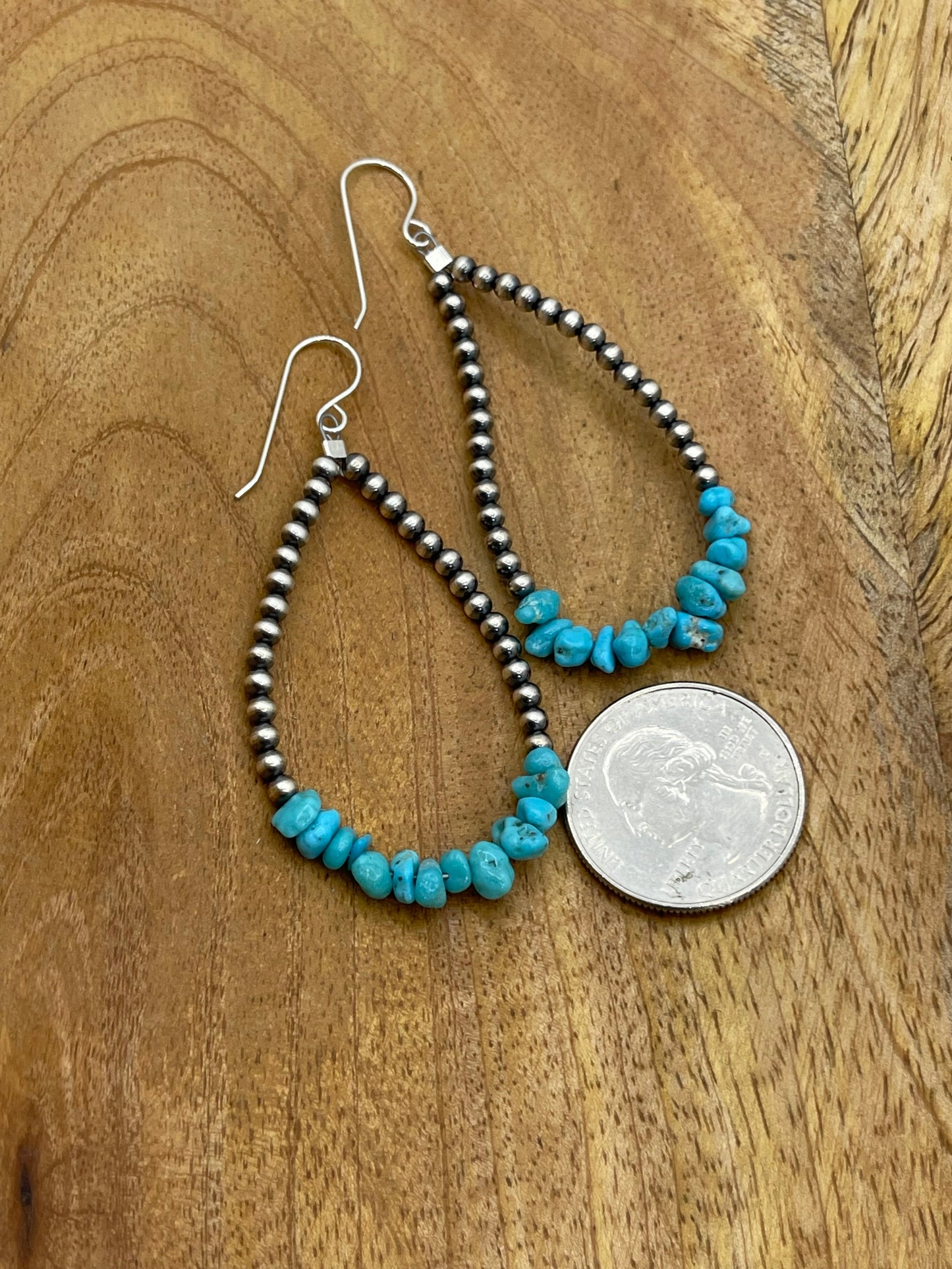 3mm Navajo Style Pearl Earrings With Turquoise Chunks