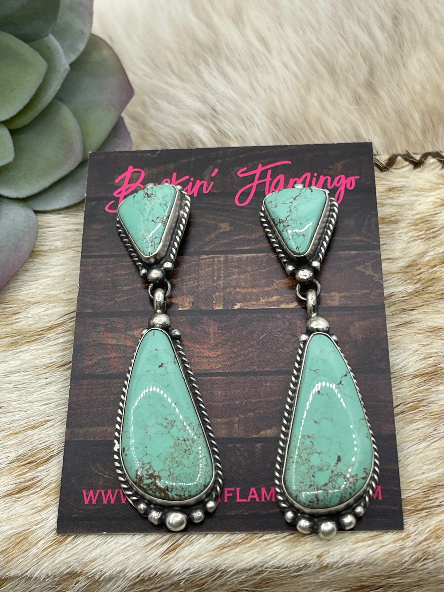 2 Stone Kingman Turquoise Drop Post Dangle Earrings by Elouise Kee, Navajo