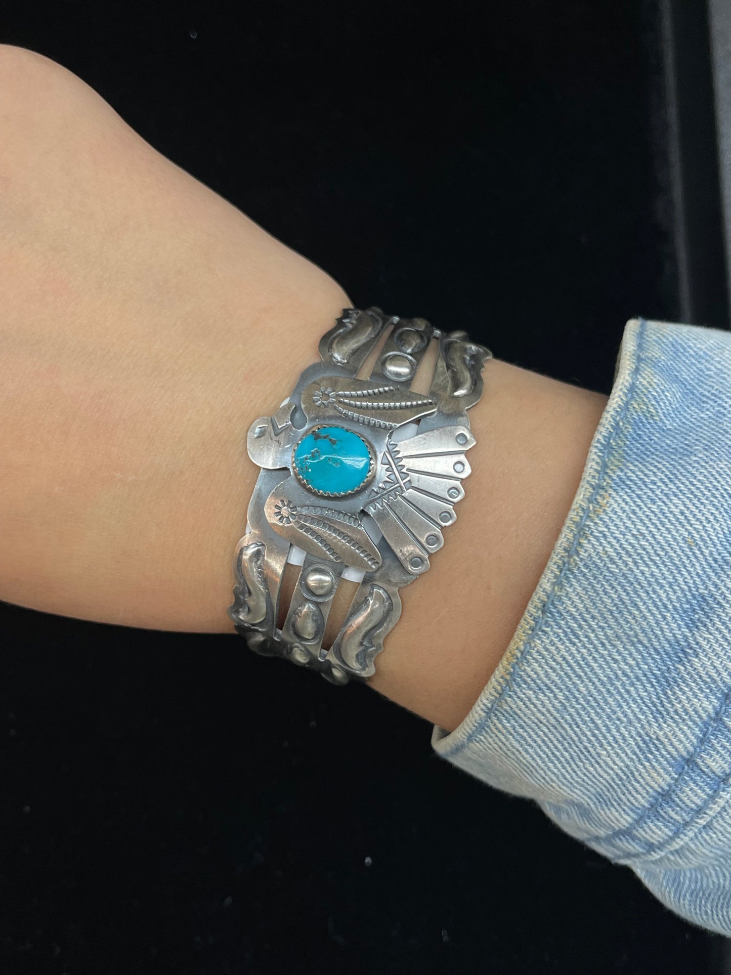 5 1/2"- 6 3/4" Turquoise Thunderbird Cuff by Tim Yazzie, Navajo