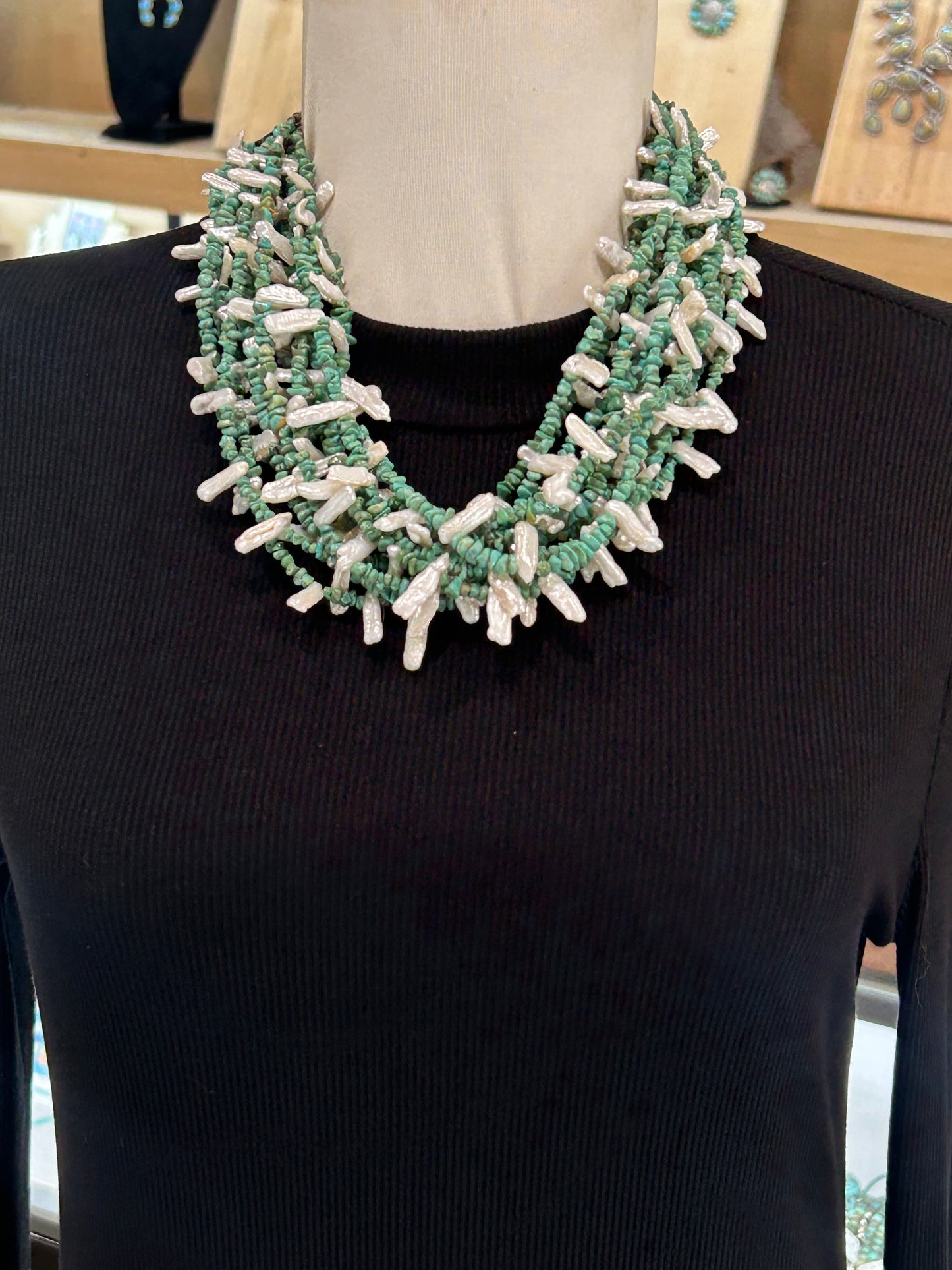 21" Royston Turquoise & Fresh Water Pearl 12 Strand Necklace