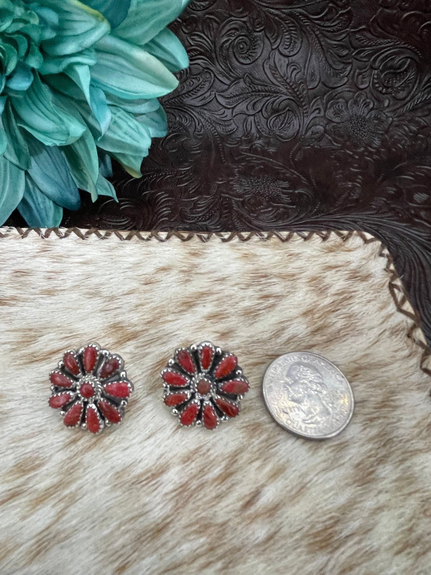 Red Coral Cluster Earrings
