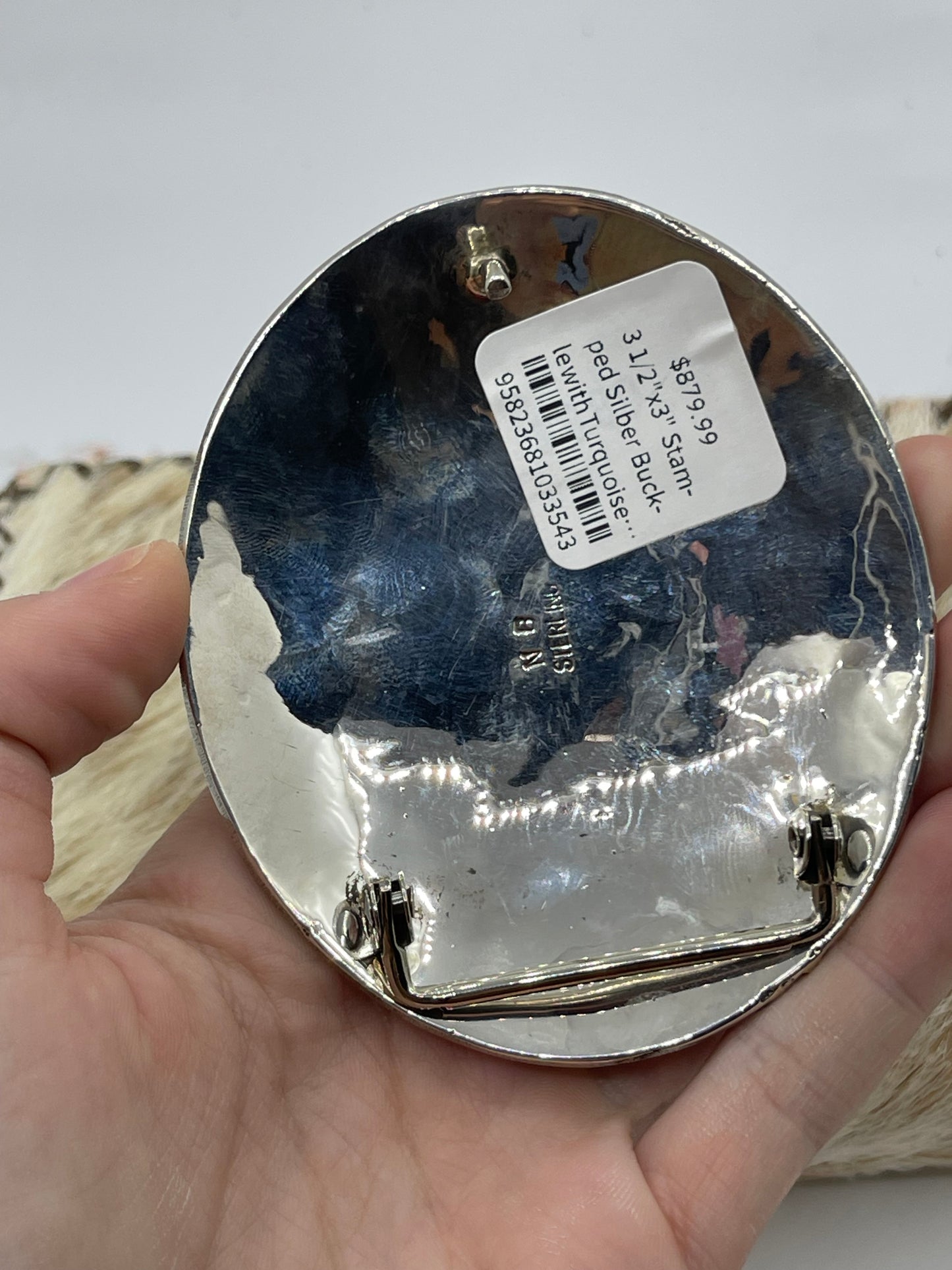 3 1/2"x3" Stamped Silber Buckle with Turquoise Stone by NB, Navajo