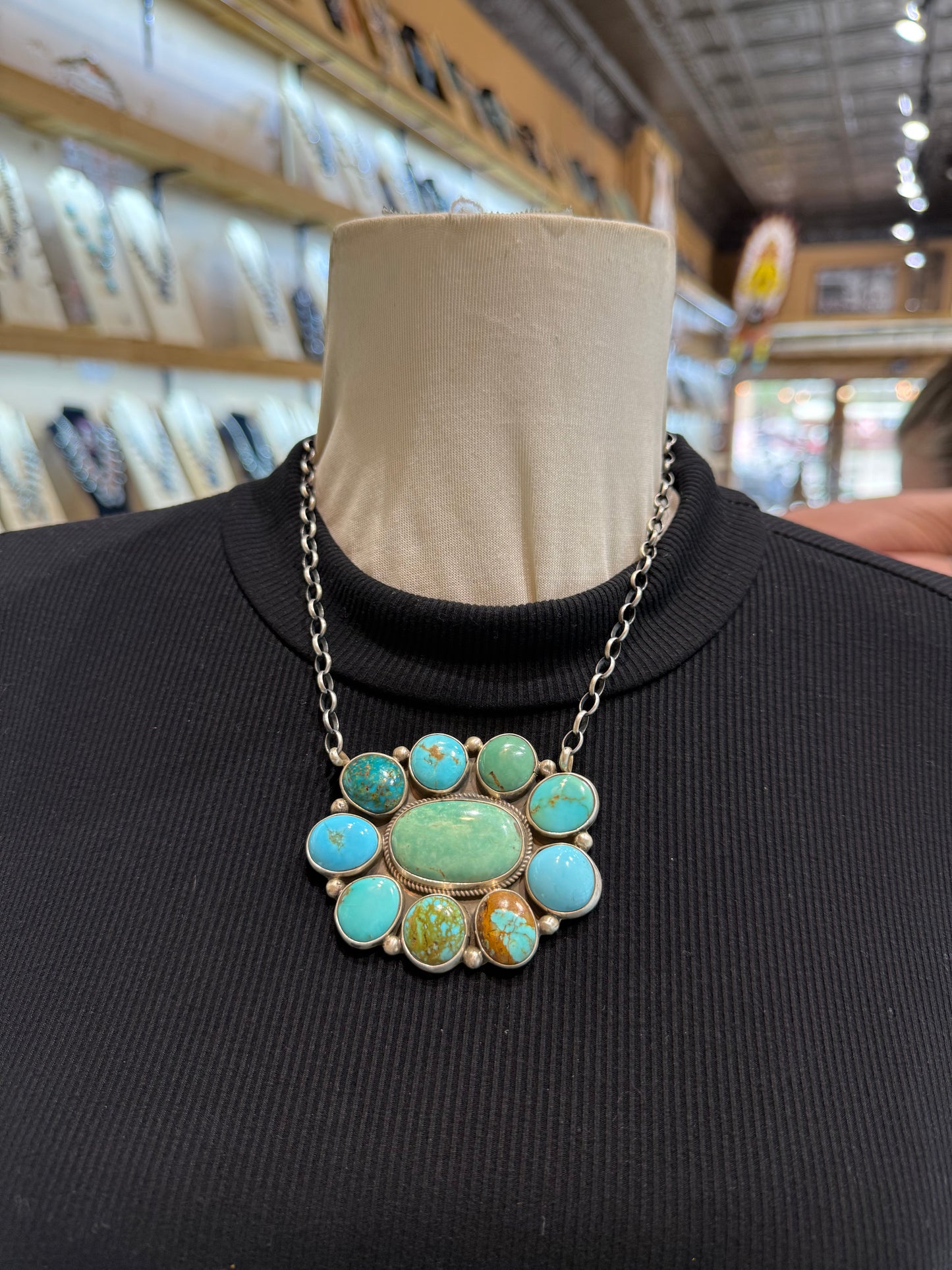 16" Large Kingman Turquoise Cluster Necklace by Geraldine James, Navajo