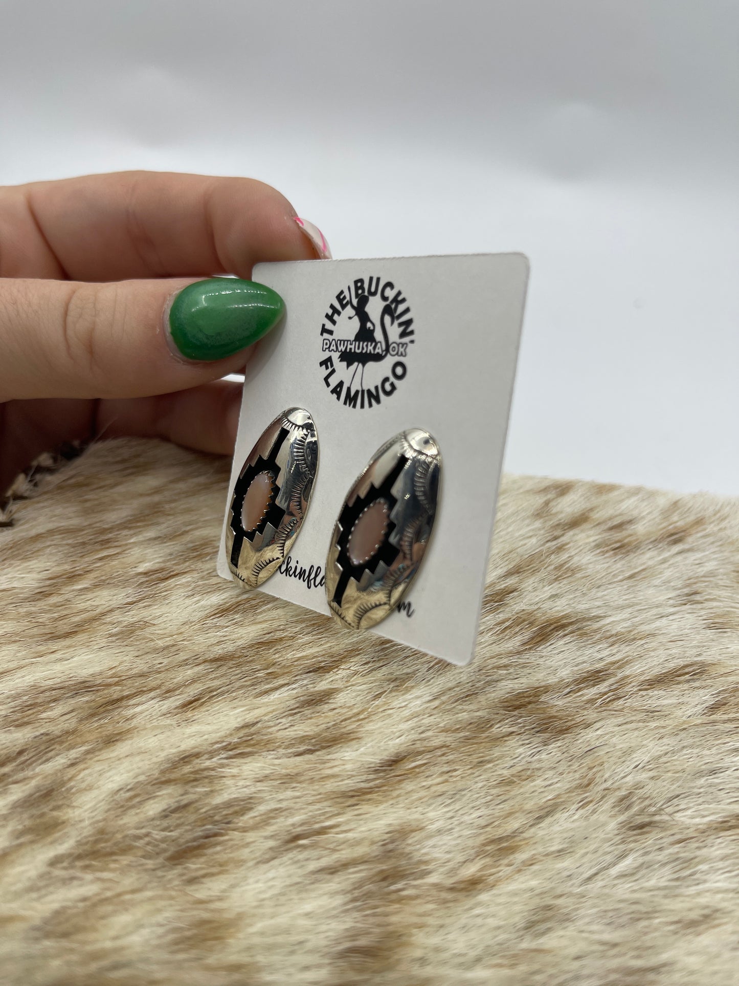 Oval Mother Of Pearl Shadowbox Post Earrings by Felix Perry, Navajo