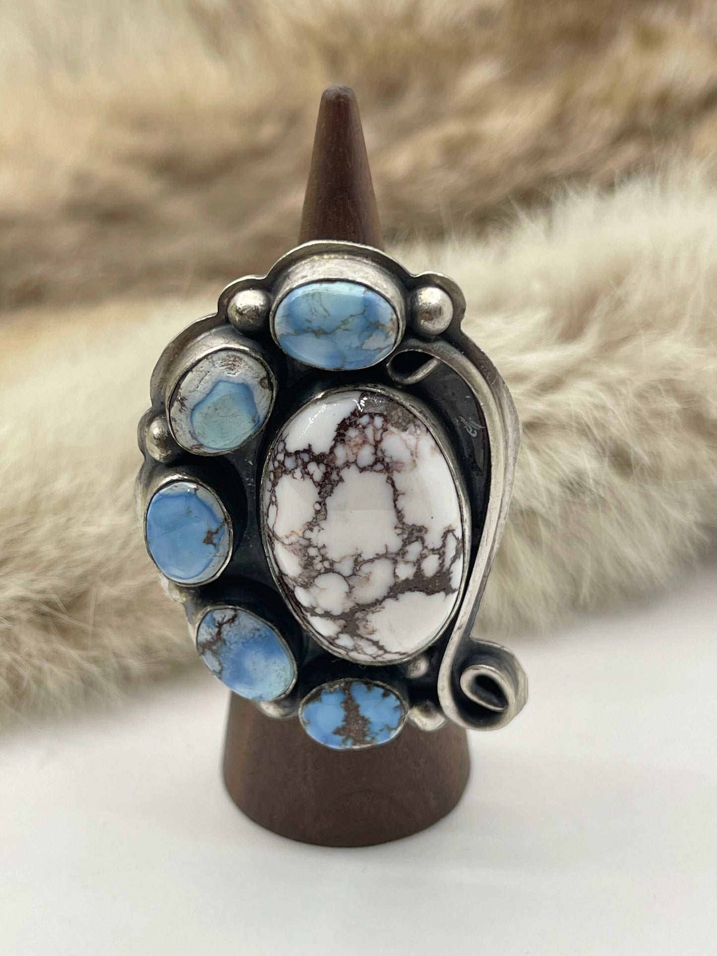Adjustable (8.0-10.0) Golden Hills Turquoise & Wild Horse Heavy Silver Ring by Delbert Secatero, Navajo