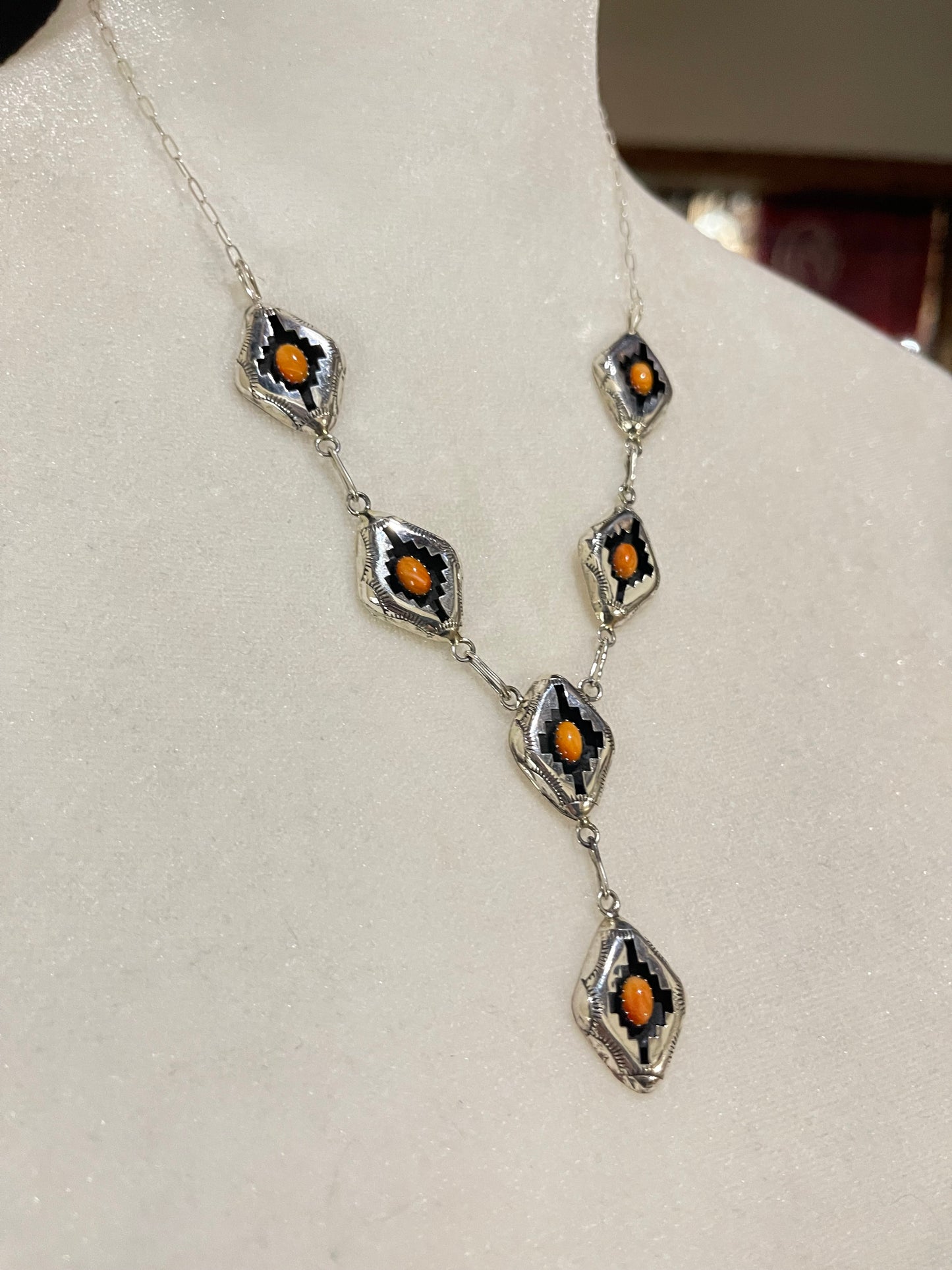 18" Orange Spiny Oyster Shell Shadowbox Lariat Necklace and Post Earrings Set by Felix Perry, Navajo