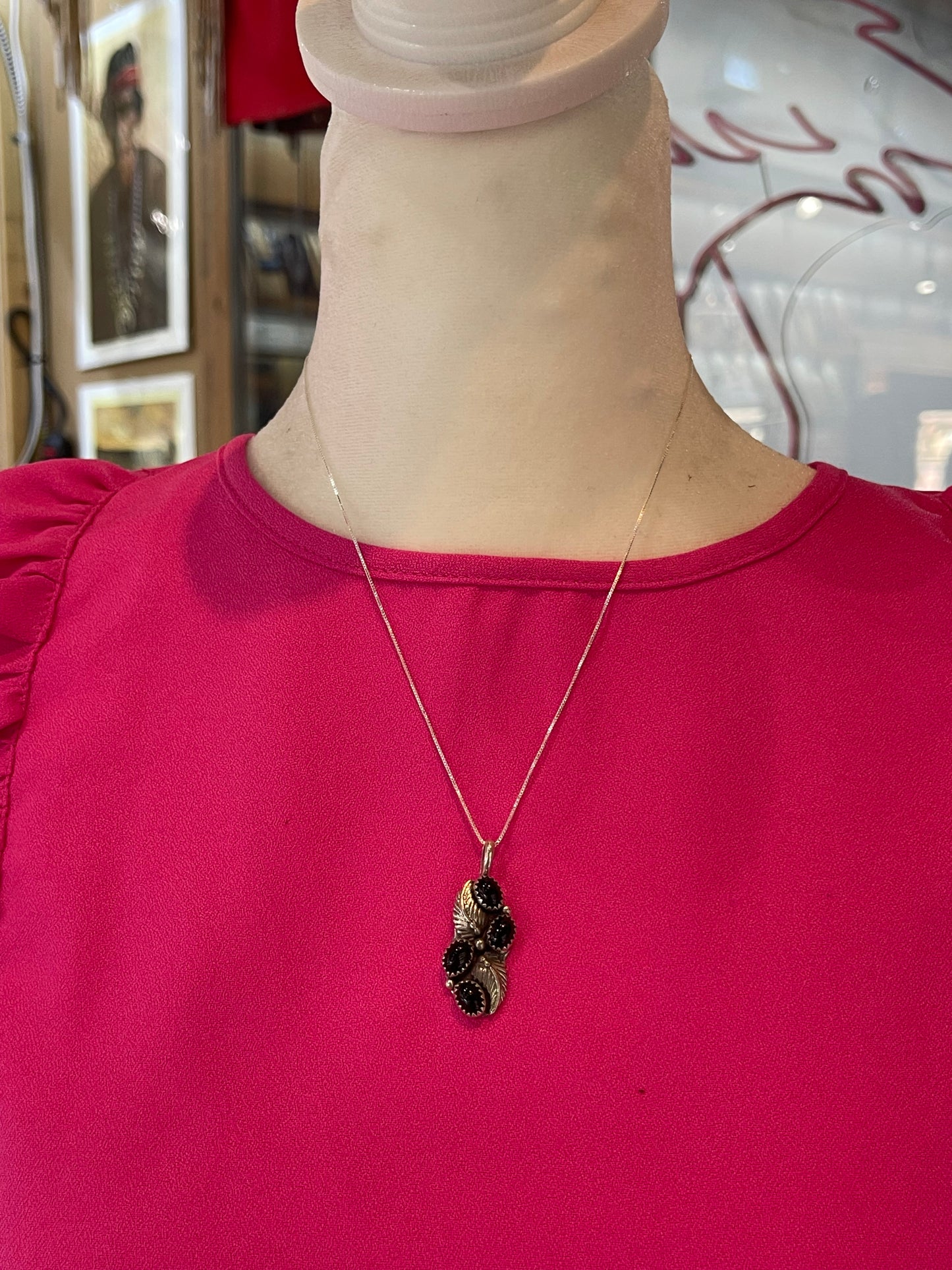 4 Stone Black Onyx Pendant on 18" Chain by Annie Spencer, Navajo