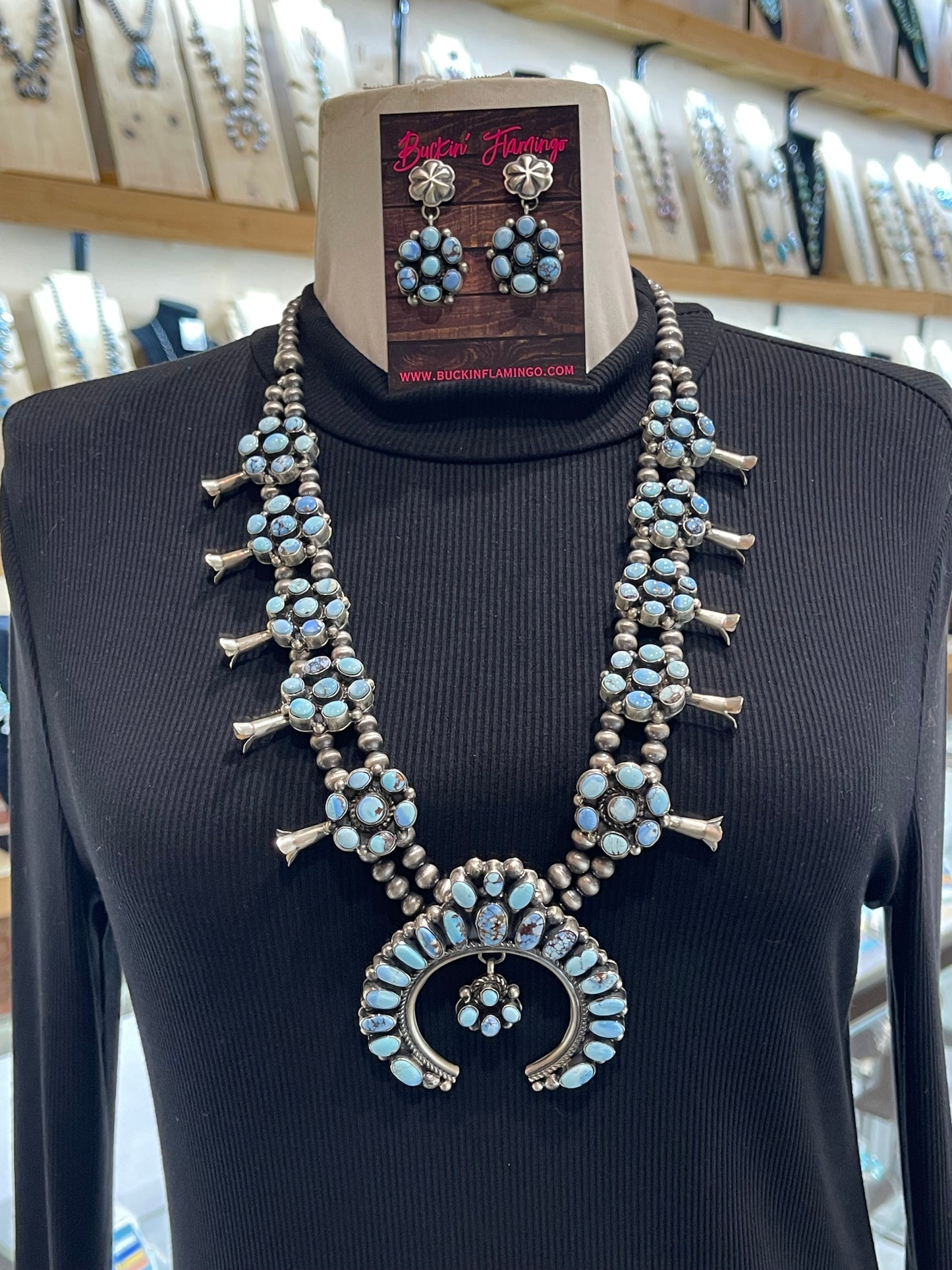 26" Golden Hills Turquoise Squash Blossom & Earring Set by Kathlyn Yazzie, Navajo