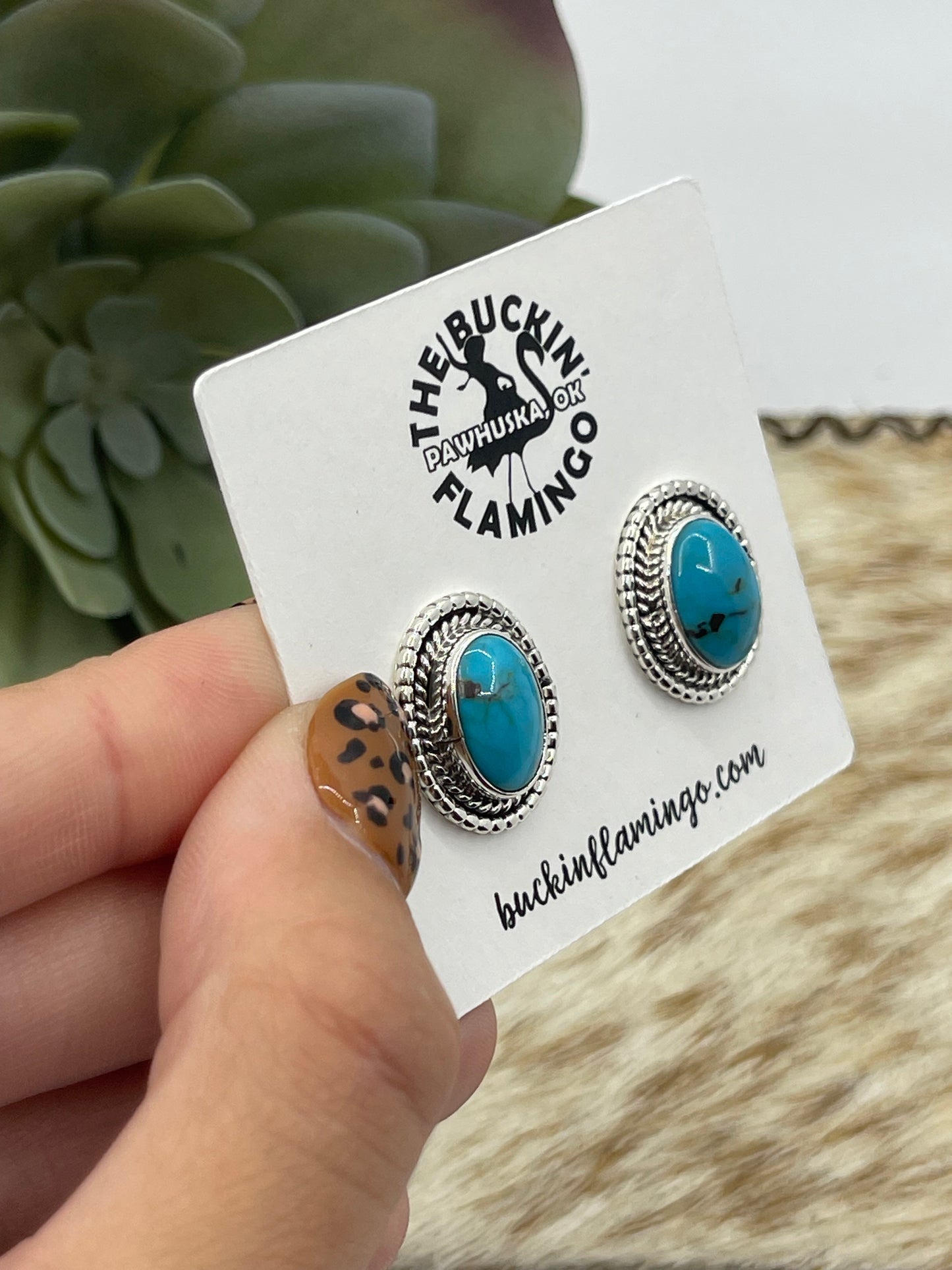 Kingman Turquoise Oval Post Earrings by Rita Largo, Navajo