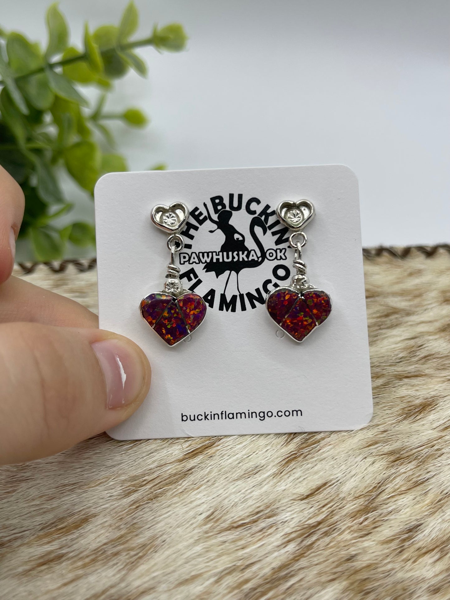 Dark Pink Opal Inlay Heart Dangle Earrings