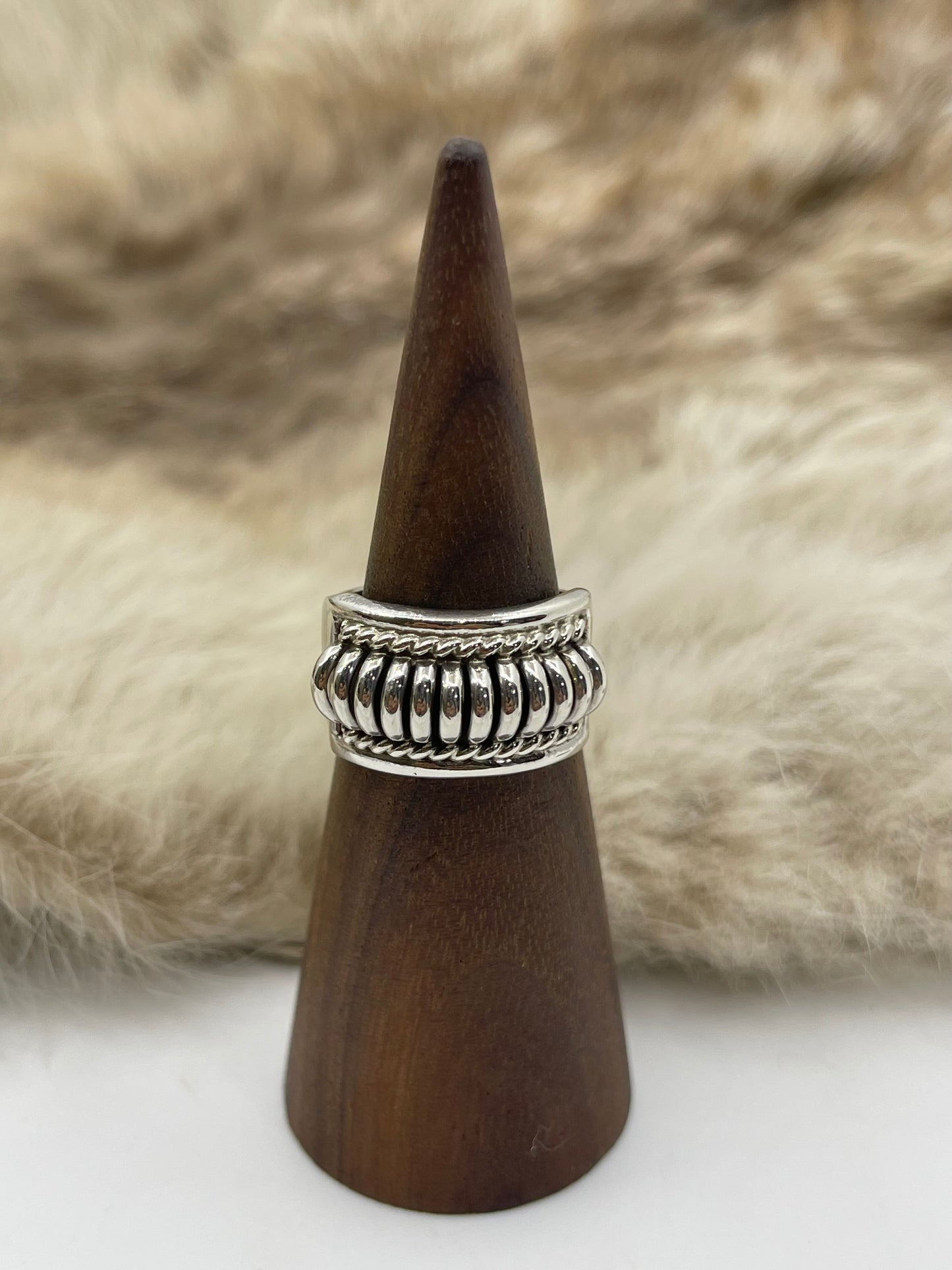 7.0 Ribbed “Water Bead” Design Ring by Thomas Charley, Navajo