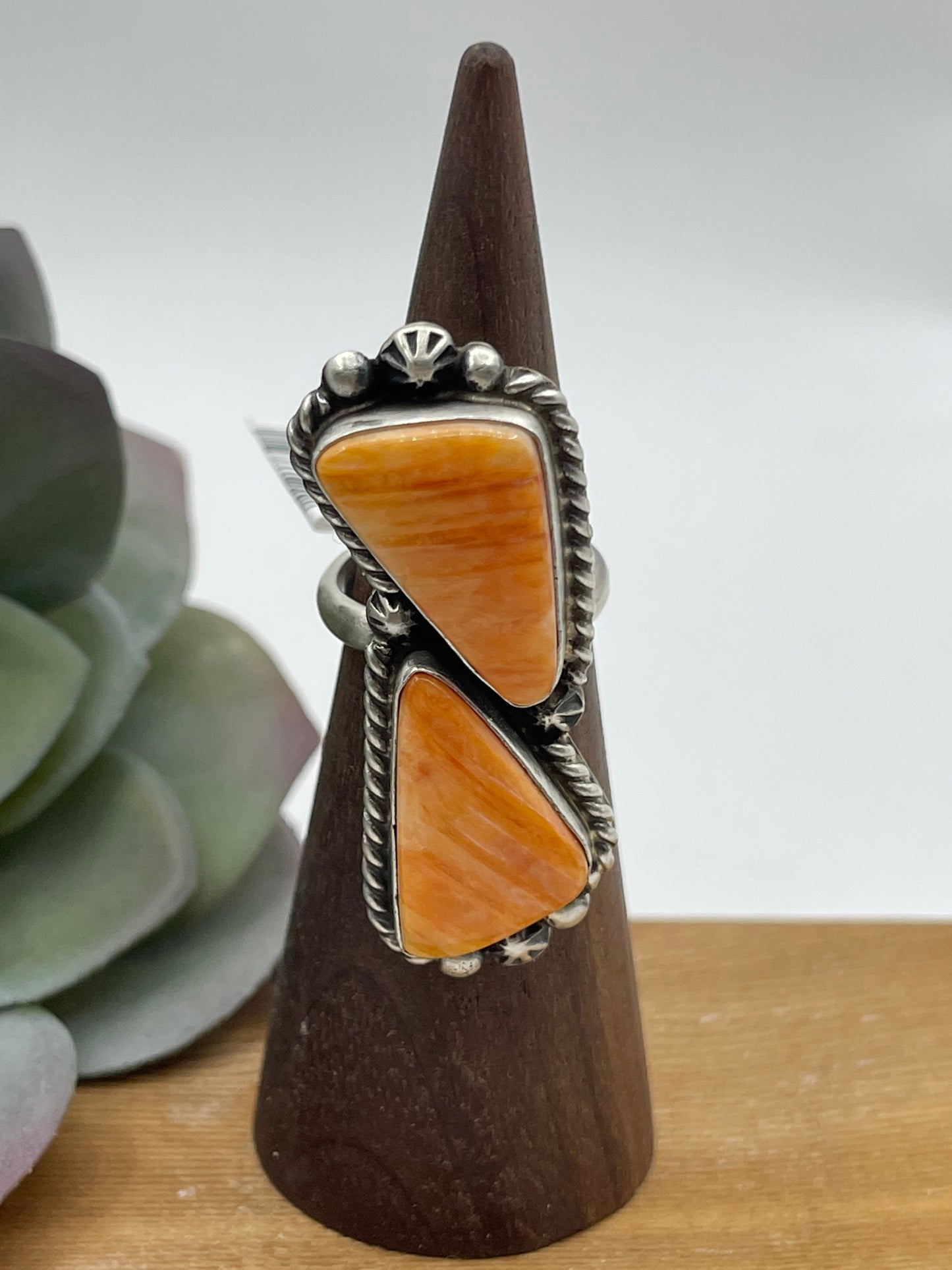 Adjustable 2 Stone Orange Spiny Oyster Shell Ring