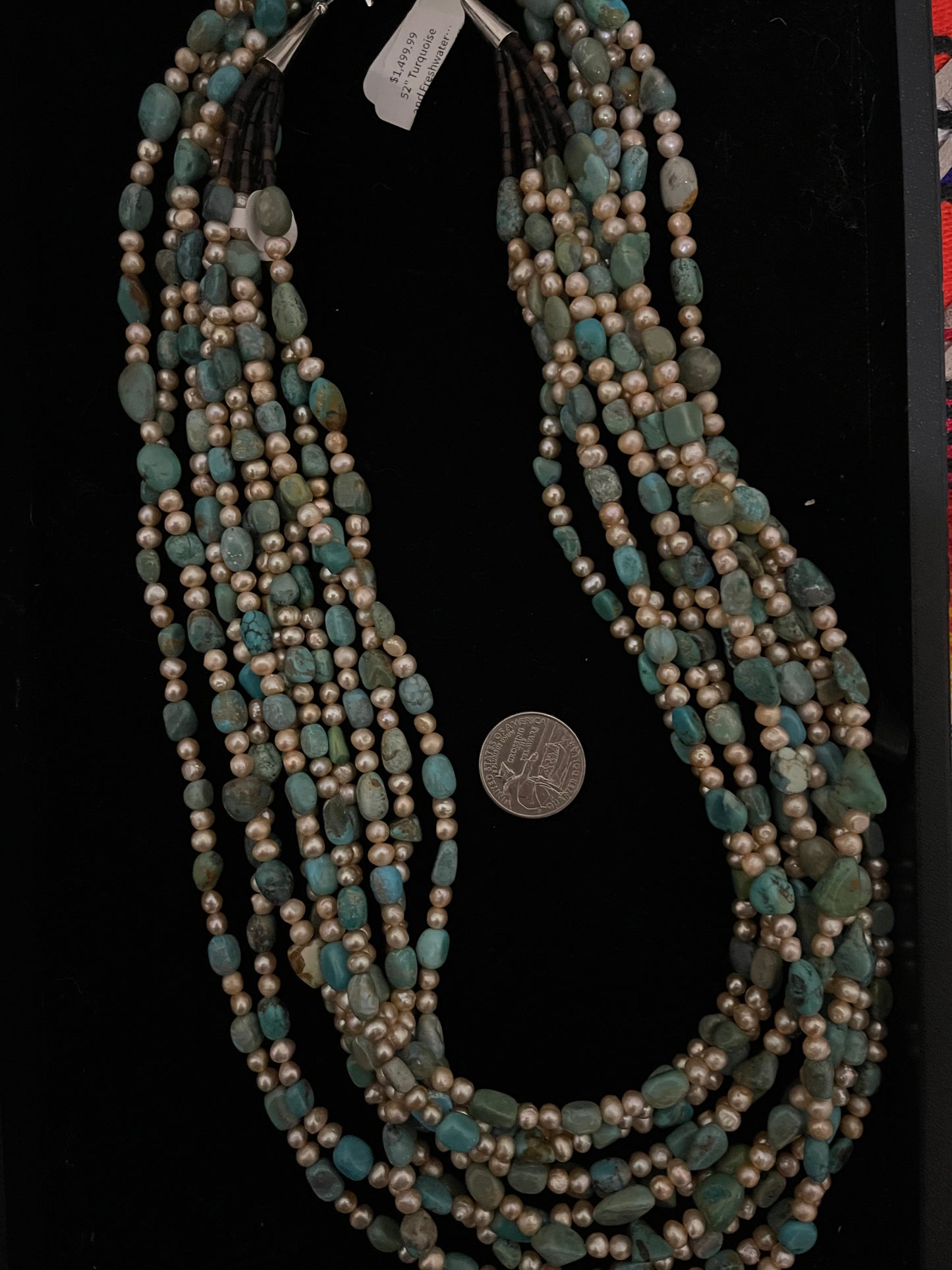 52" Turquoise and Freshwater Pearls 5 Strand Necklace by Jolene Bird, Santo Domingo