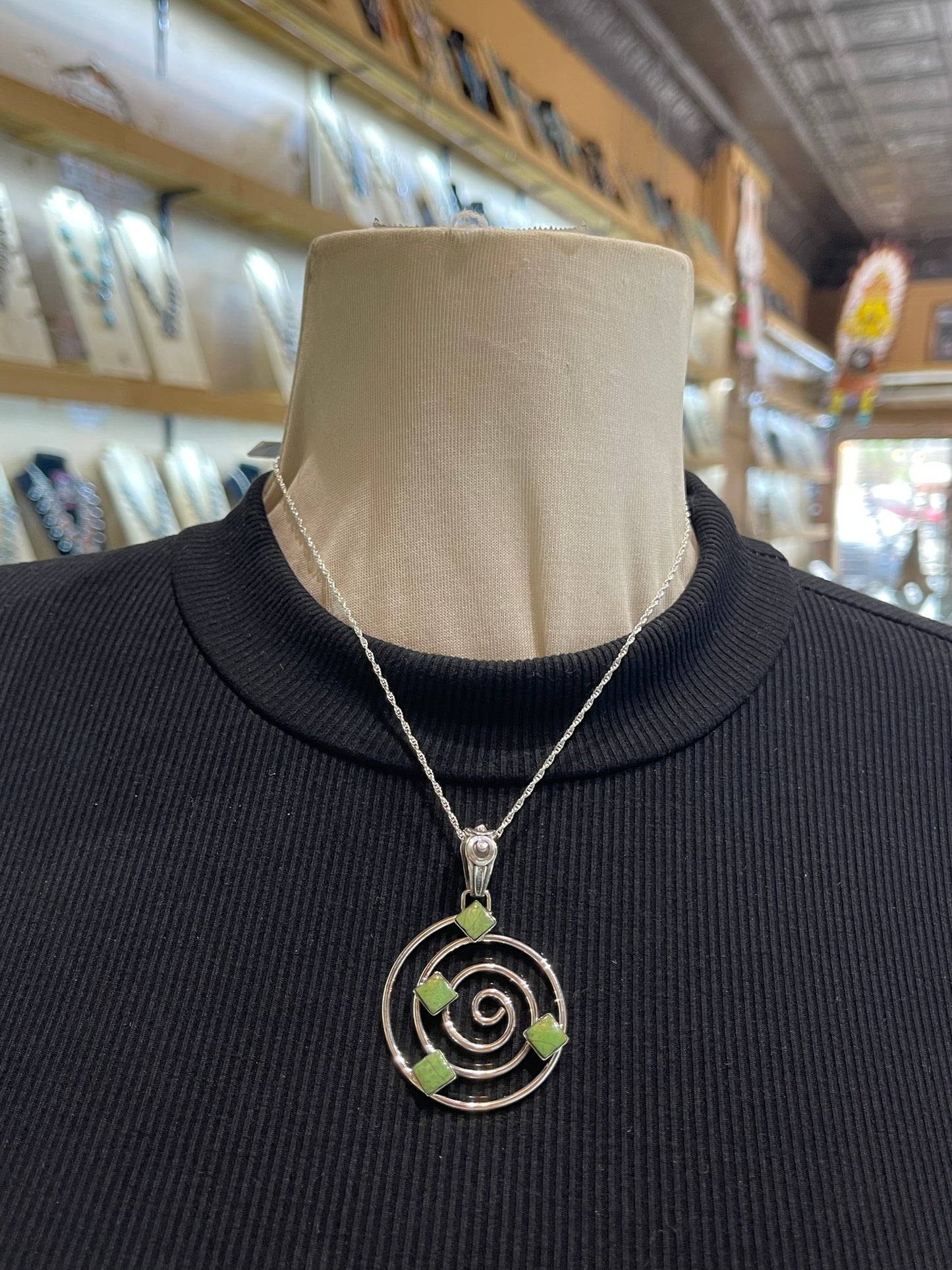 Spiral Pendant with Green Turquoise by David Lopez, Navajo