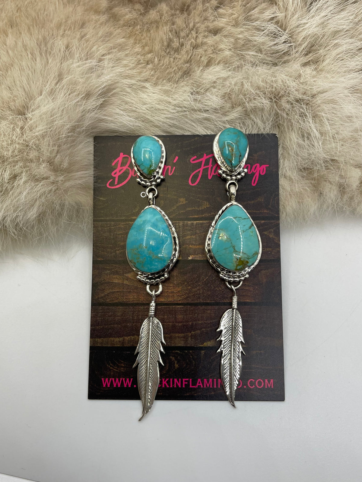 2 Stone Turquoise Dangle Earrings with Feather by Mike Smith, Navajo