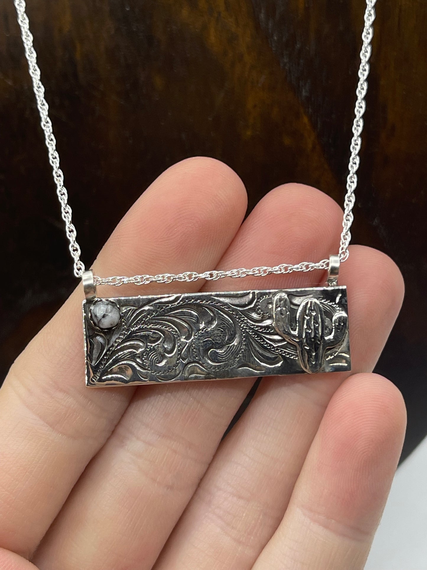 17" Sterling Silver Cactus Bar Necklace with White Buffalo Stones by Annette Martinez, Navajo