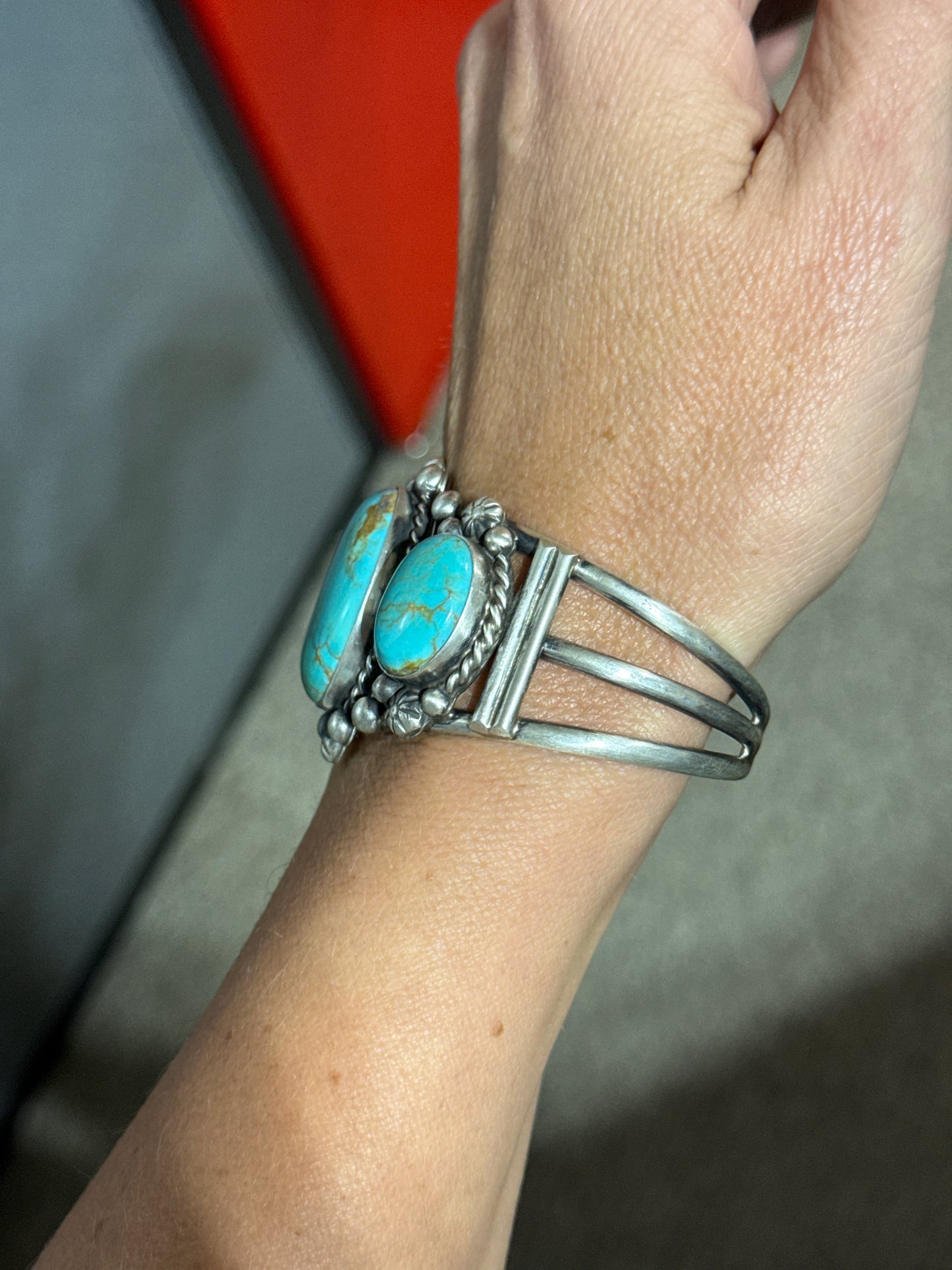 3 Stone Kingman Turquoise Cuff by Augustine Largo, Navajo