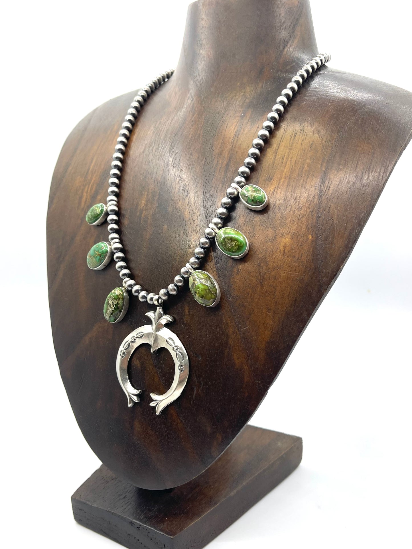 16" Green Sonoran Gold Naja Necklace Small Squash Blossom Necklace by Letricia Largo, Navajo